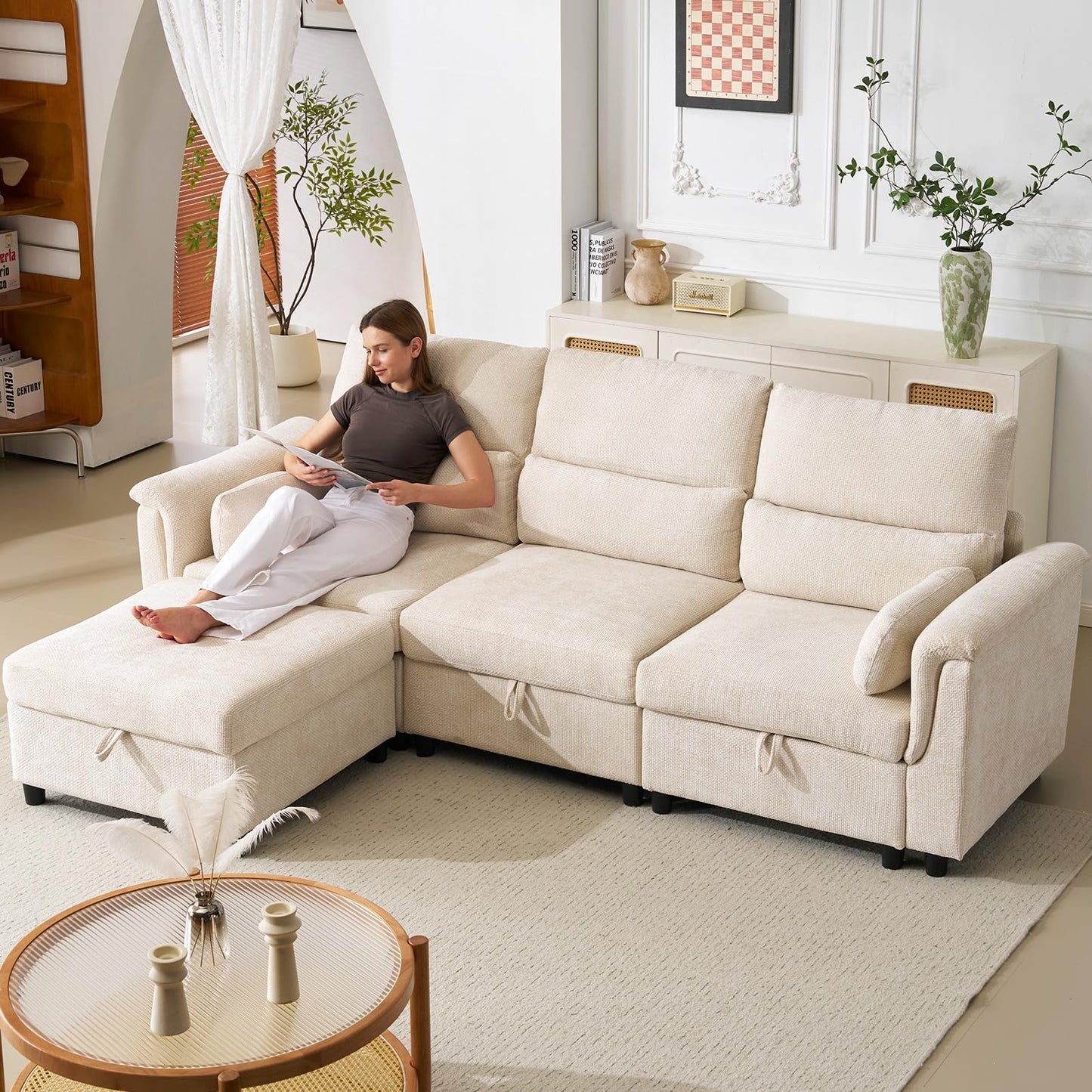 132" U-Shaped Sofa, 6-Seater Beige