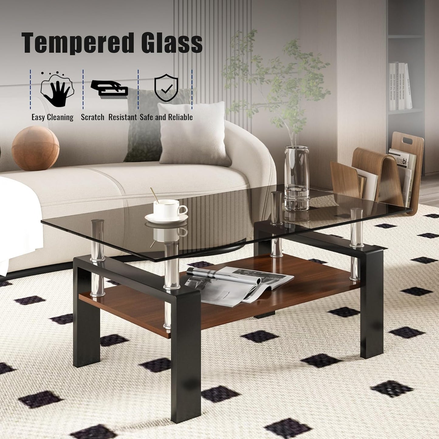 39.2" Glass Coffee Table – Gray/Black