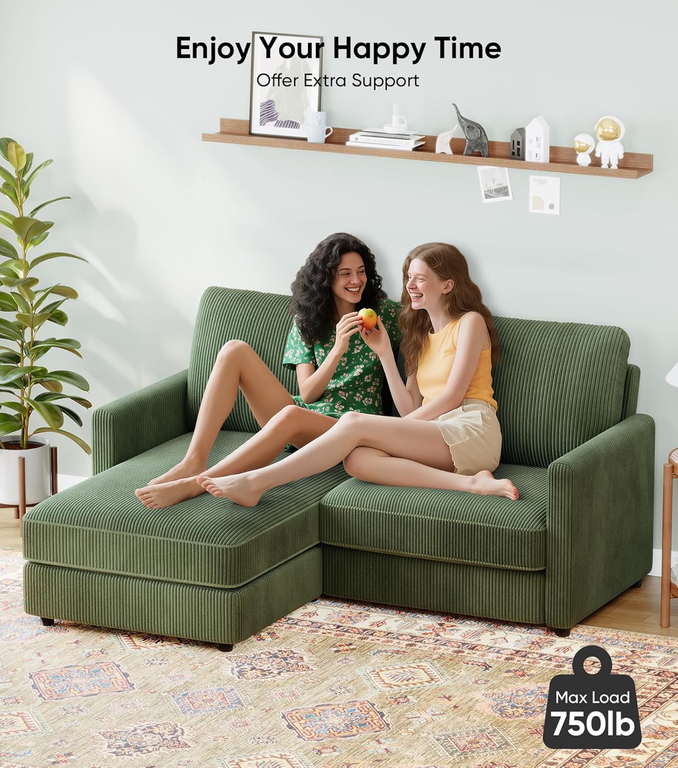 71" L-Shaped Green Corduroy Sofa