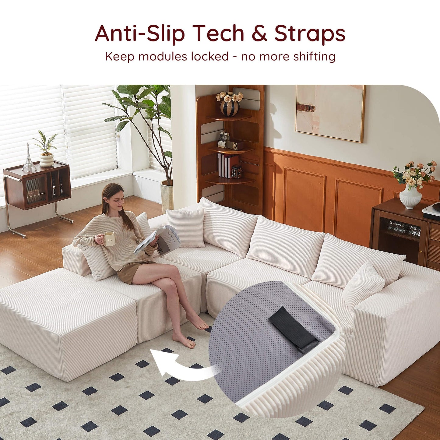 108" L-Shaped Sofa with Ottoman – Beige