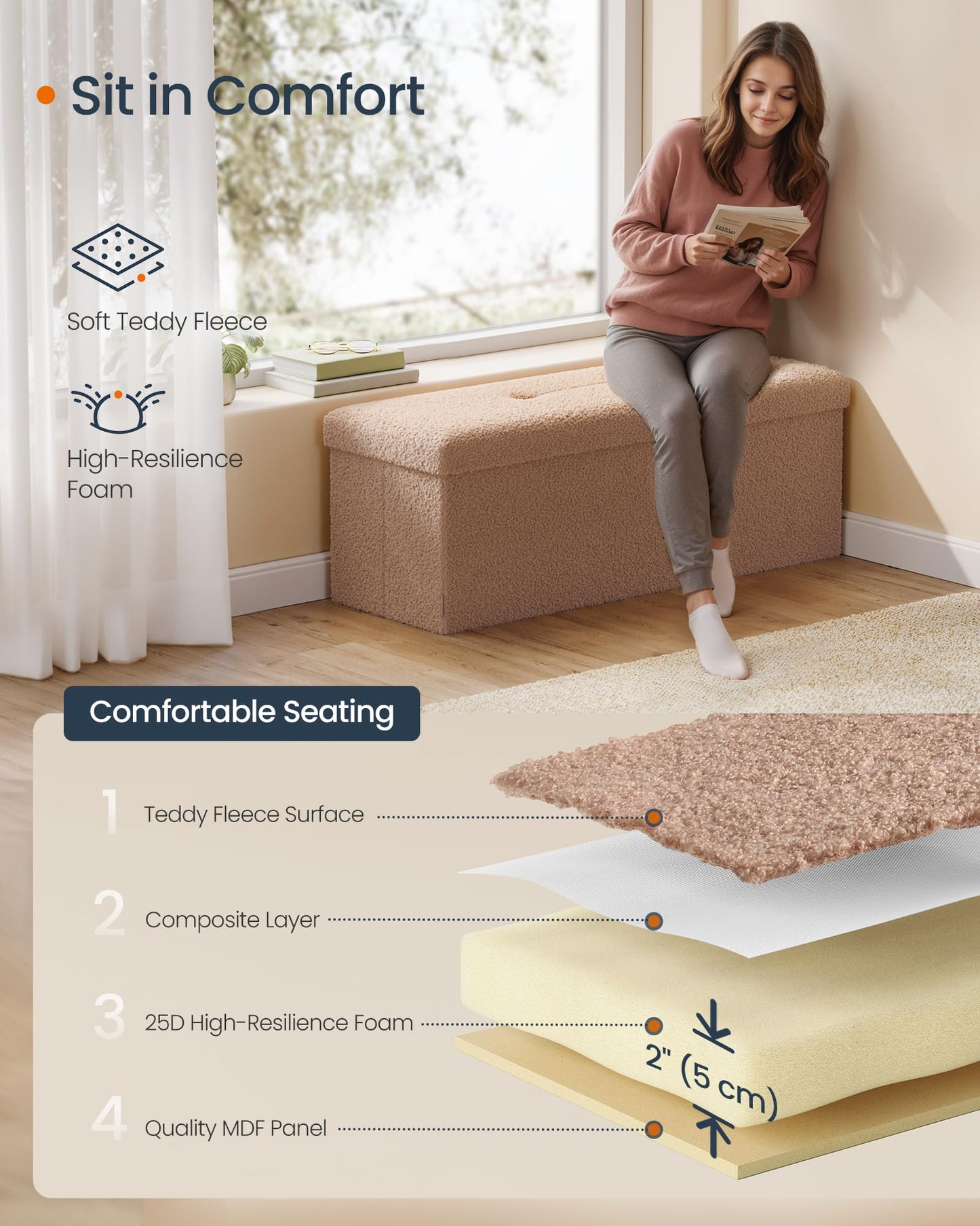 SONGMICS Storage Ottoman Bench, 15"x30"x15"