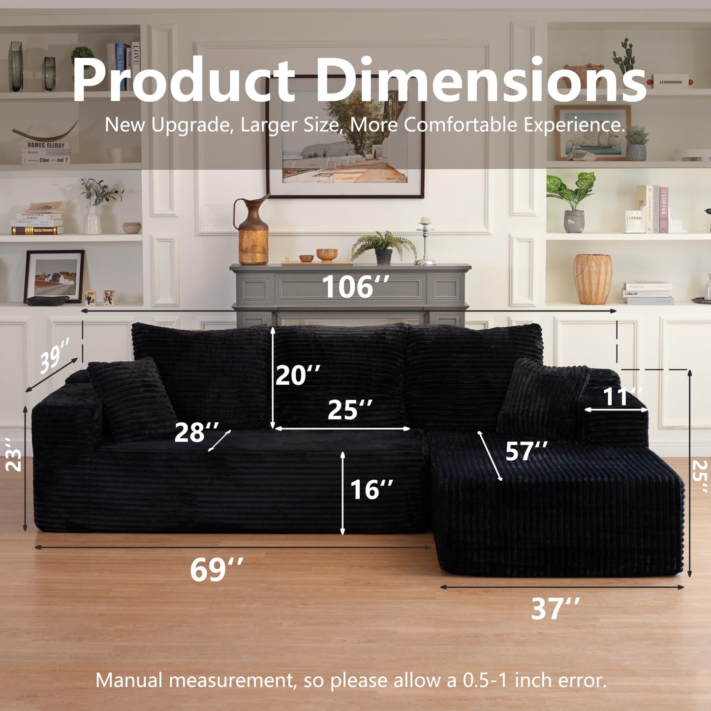 106" L-Shaped Corduroy Sofa – Black