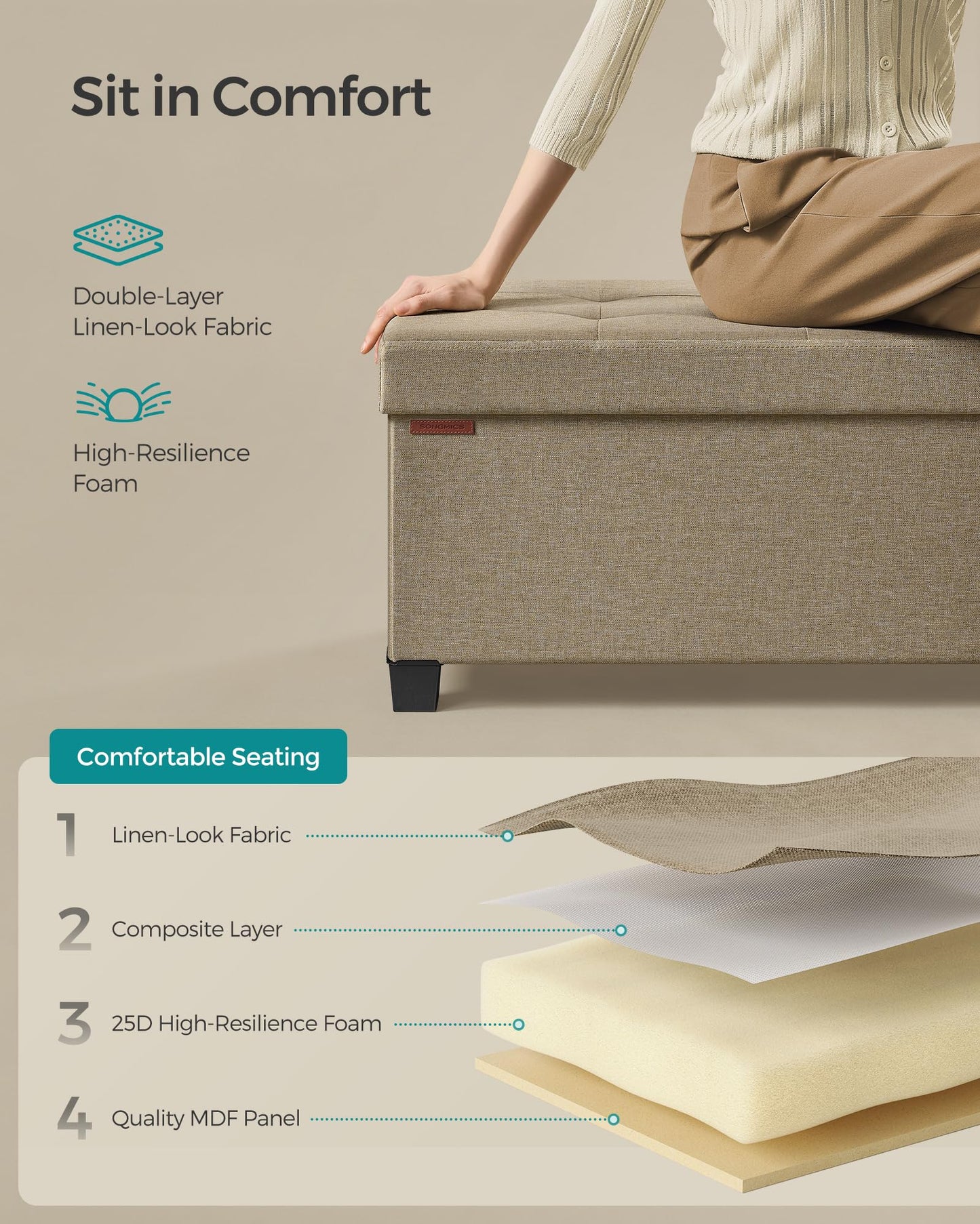 SONGMICS Foldable Storage Ottoman Bench, 15"x43"x15.7"