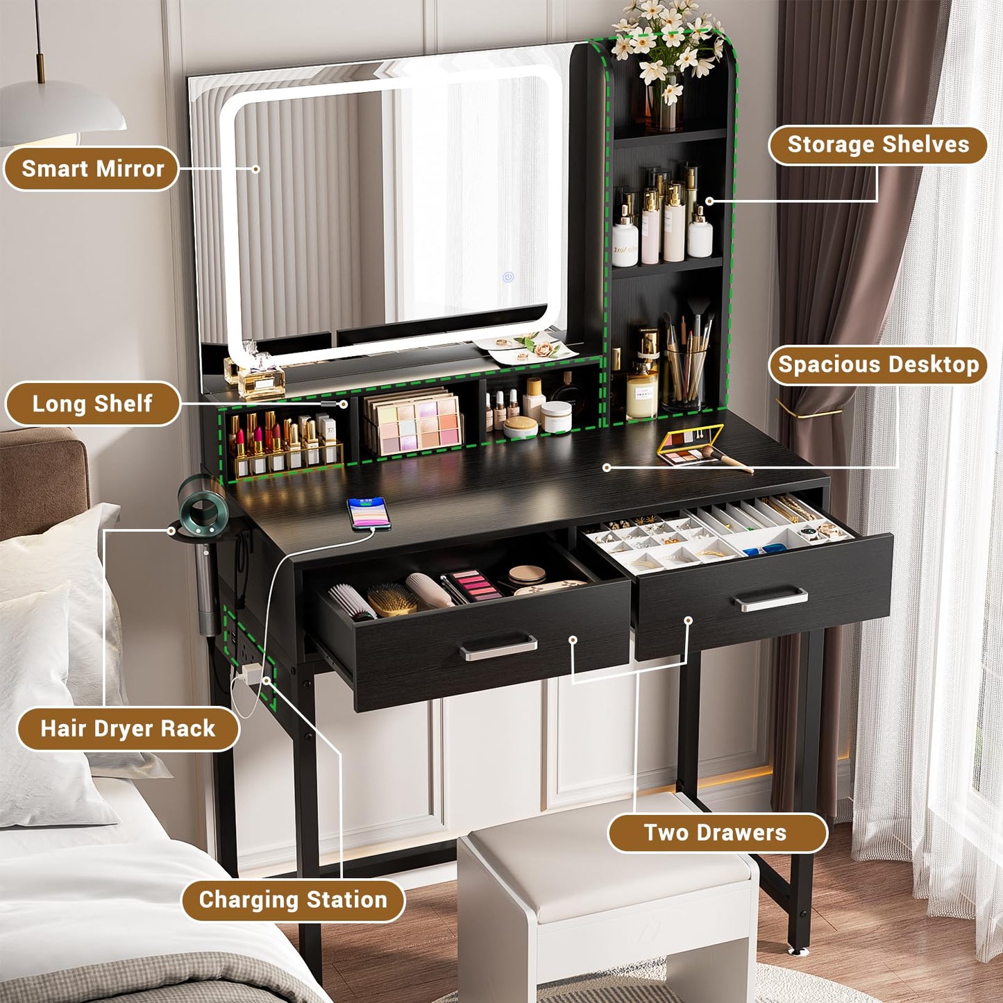 Small Vanity Desk with Mirror, Lights & Storage
