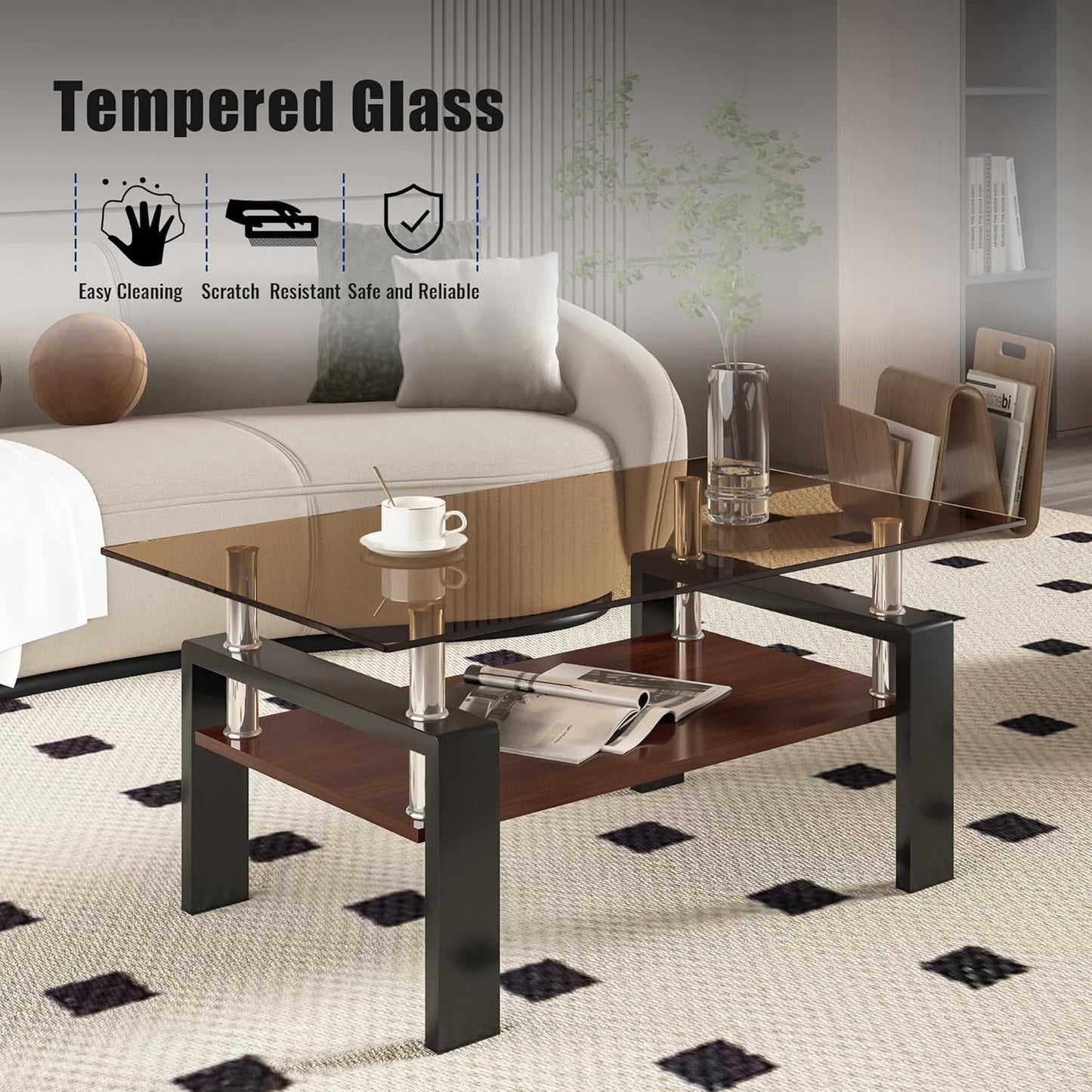 39.2" Glass Coffee Table – Gray/Black