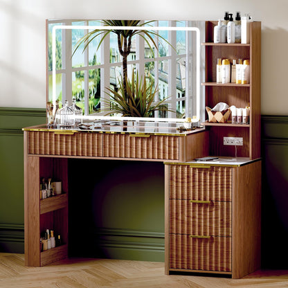 Vanity Desk with Mirror & Lights, Oak