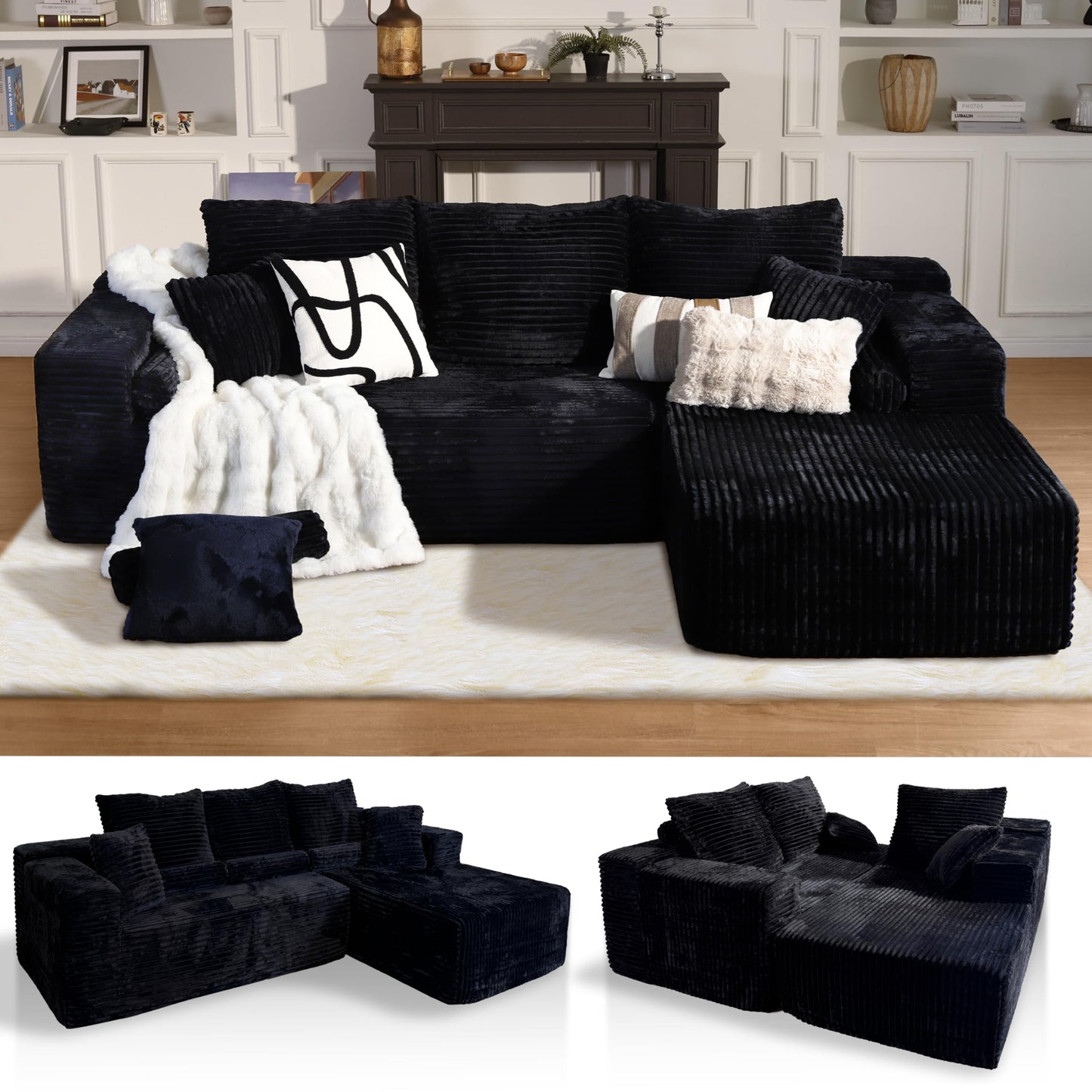 106" L-Shaped Corduroy Sofa – Black