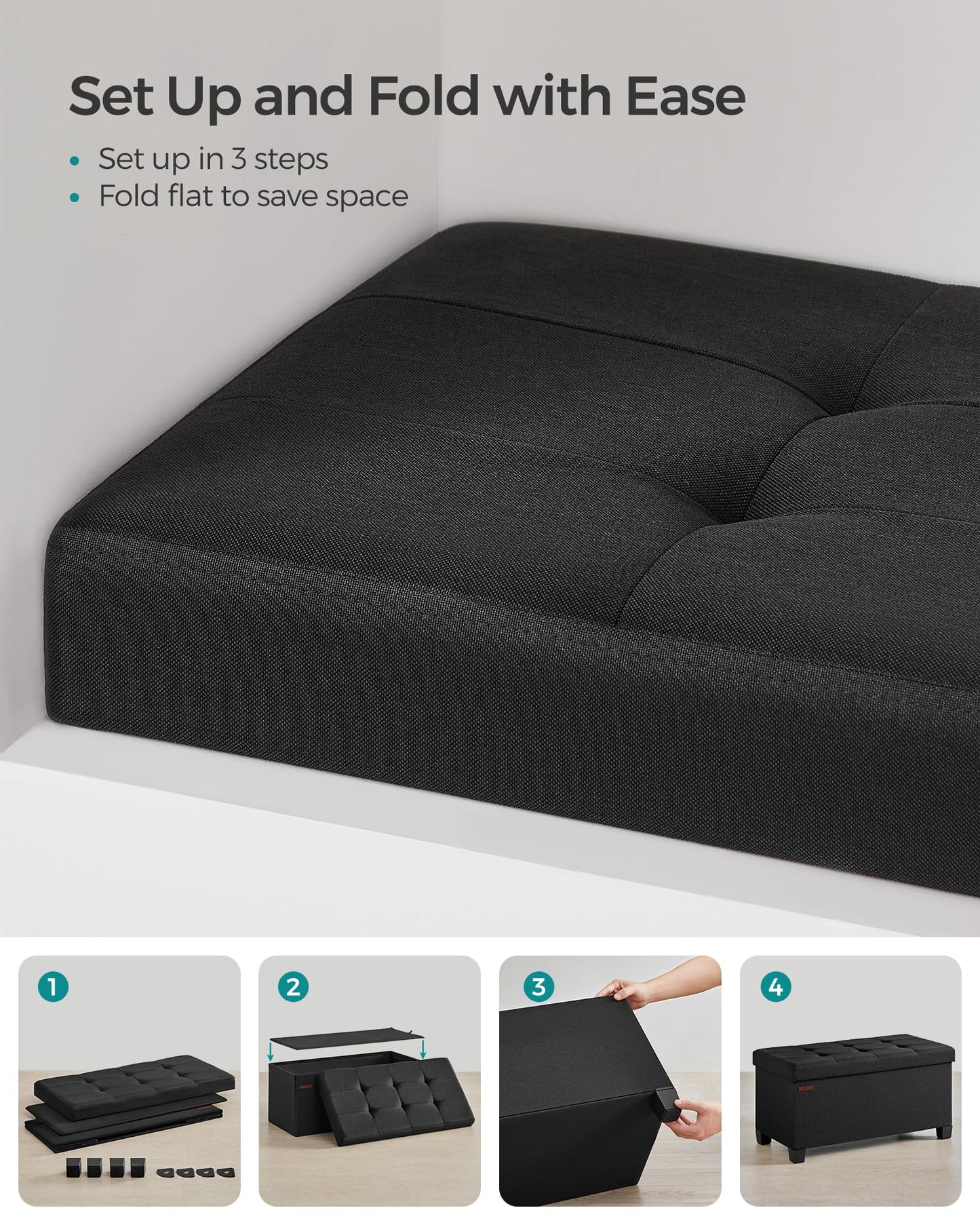 SONGMICS Foldable Storage Ottoman Bench, 15"x43"x15.7"