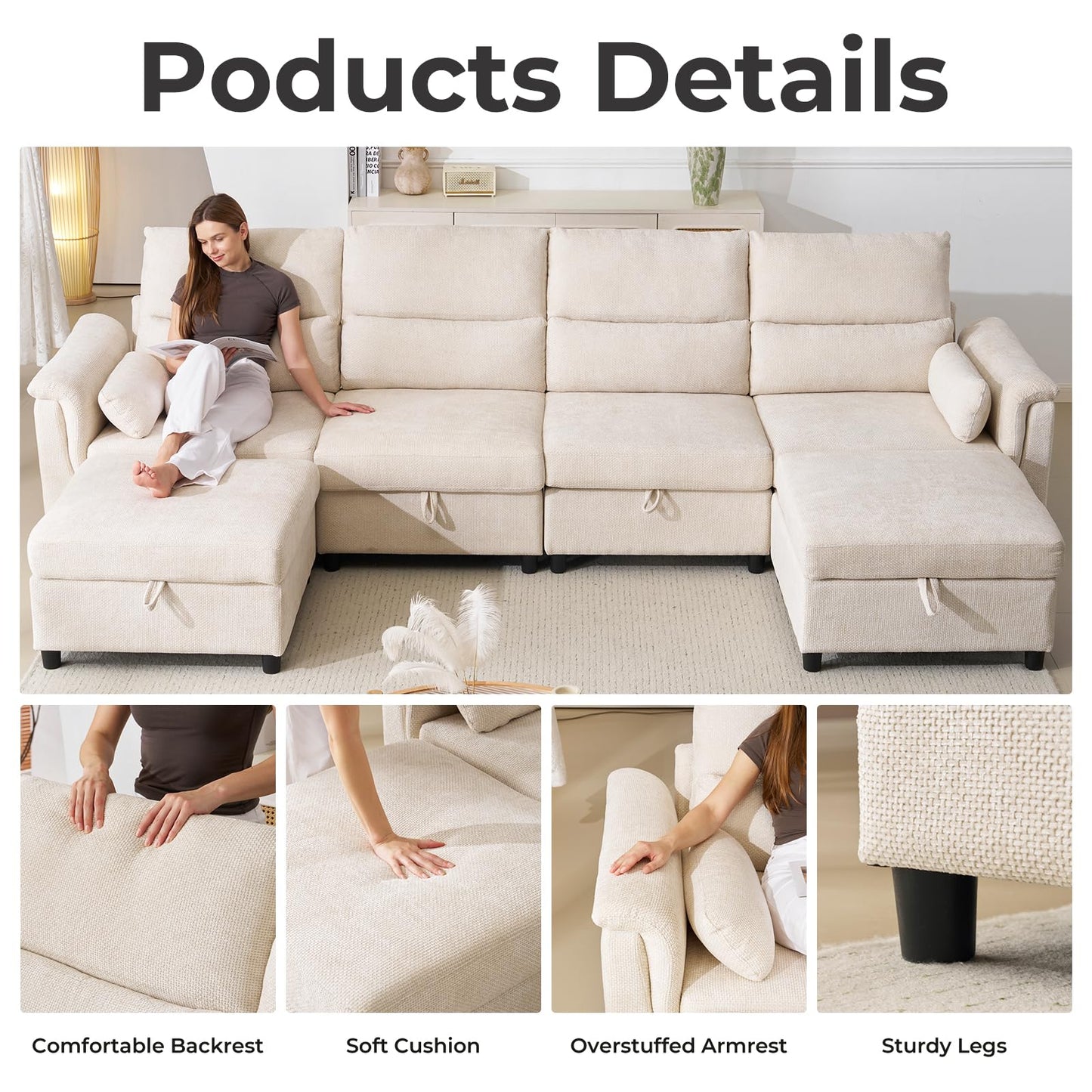 132" U-Shaped Sofa, 6-Seater Beige