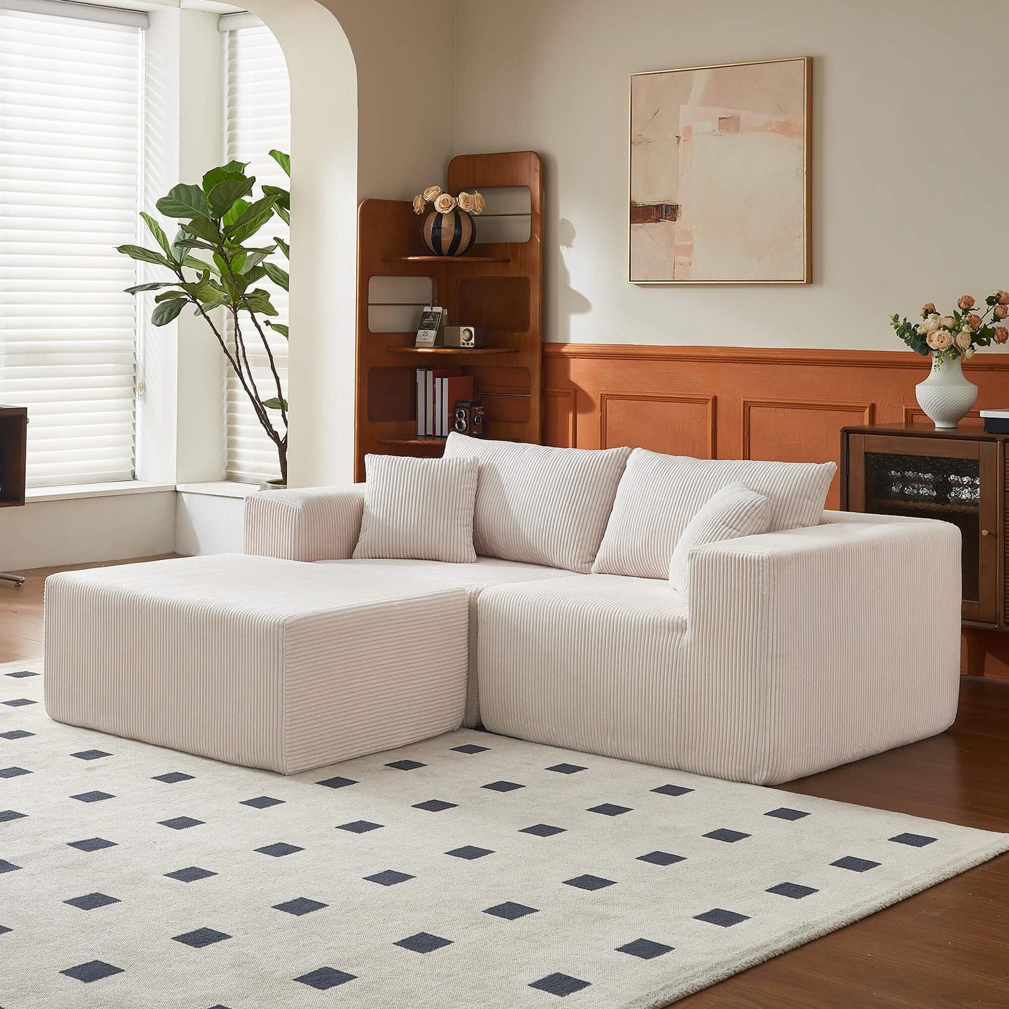 108" L-Shaped Sofa with Ottoman – Beige