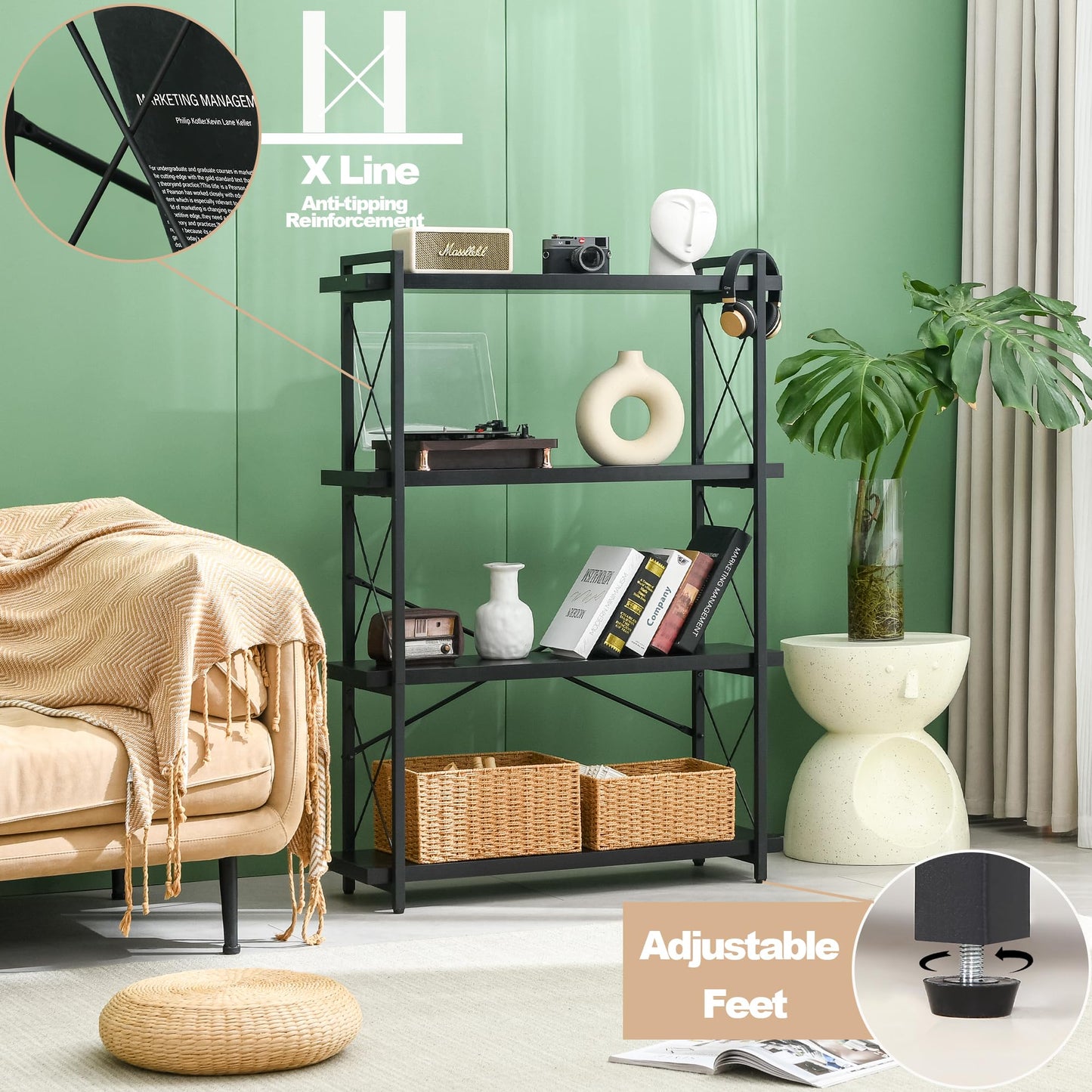 HCHQHS 4-Tier Industrial Bookshelf