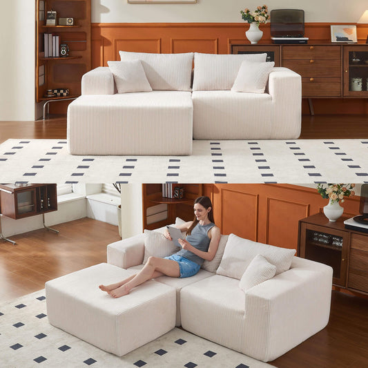 108" L-Shaped Sofa with Ottoman – Beige