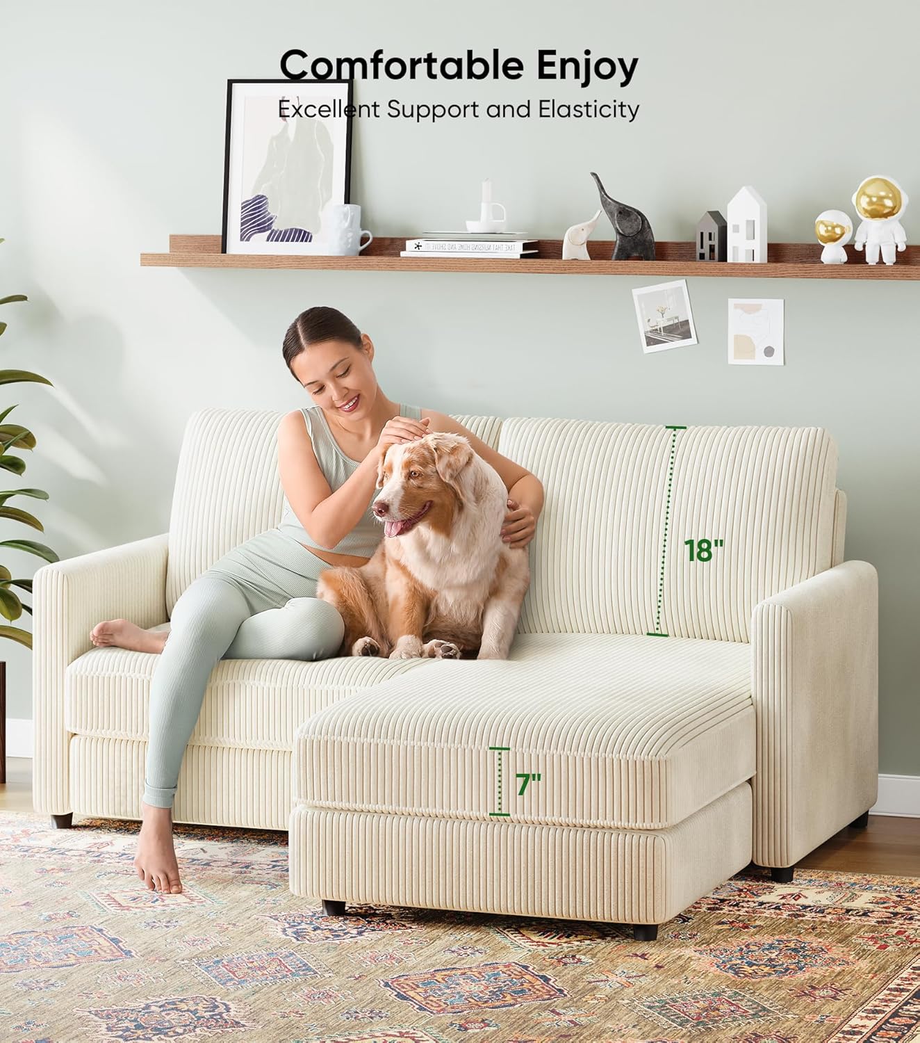 71" L-Shaped Green Corduroy Sofa