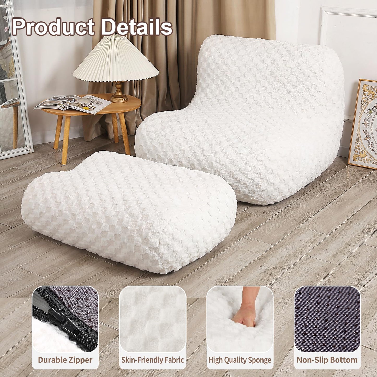 Cream Bean Bag Chair with Footstool