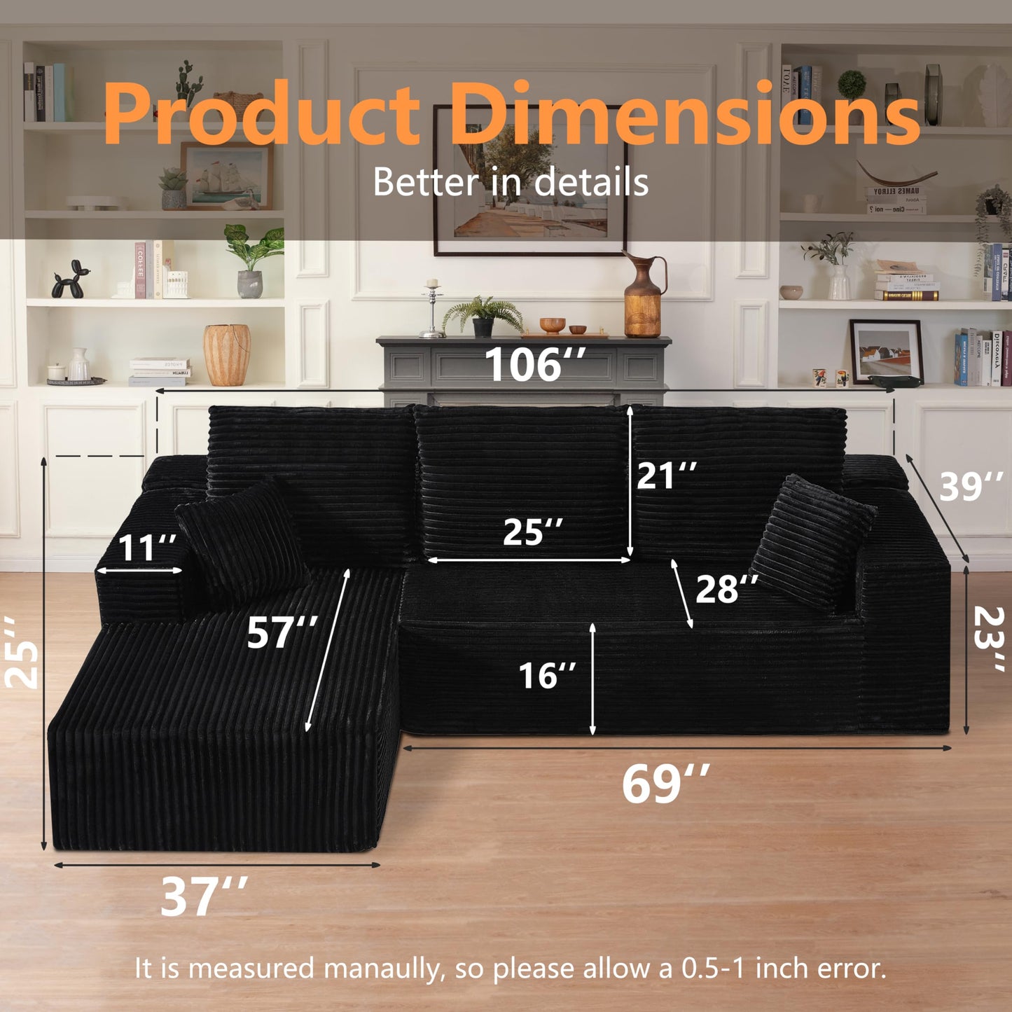 106" L-Shaped Corduroy Sofa – Black