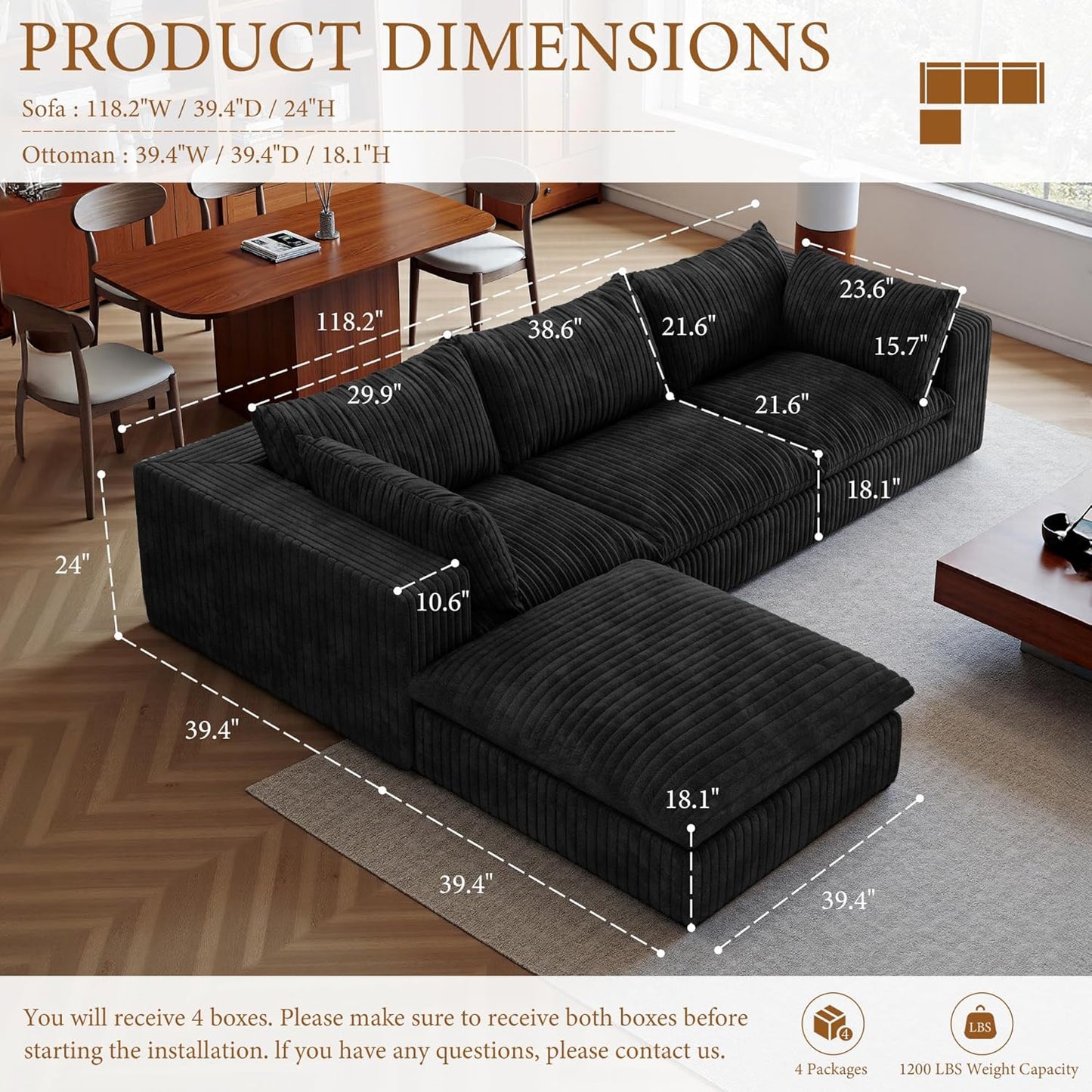 118" Modular Sofa – Black