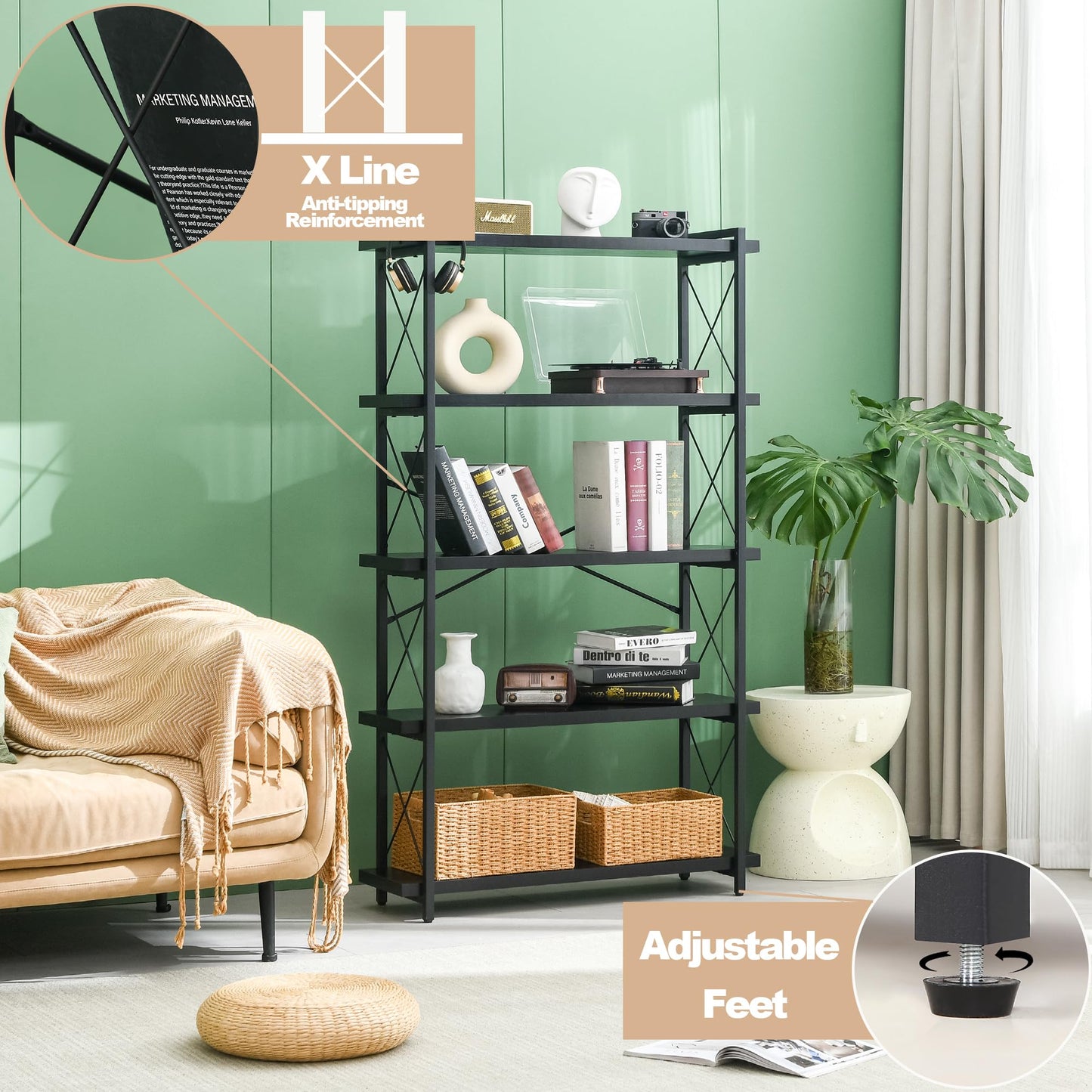HCHQHS 4-Tier Industrial Bookshelf