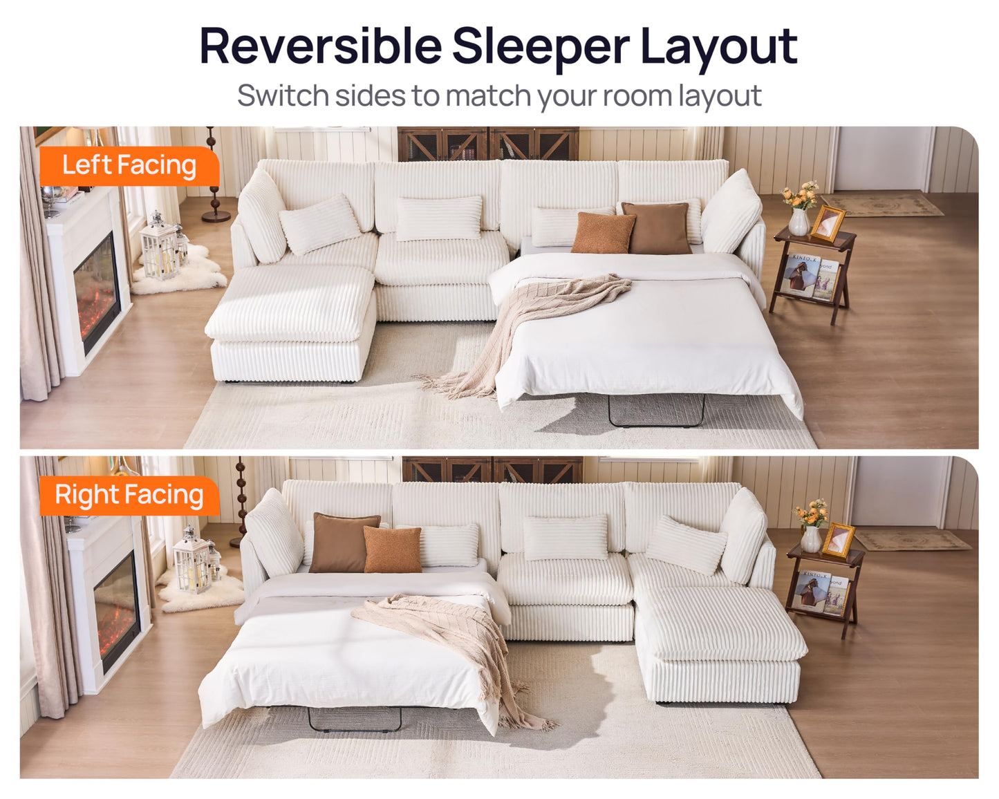 L-Shaped Sofa Bed with Ottoman – Beige