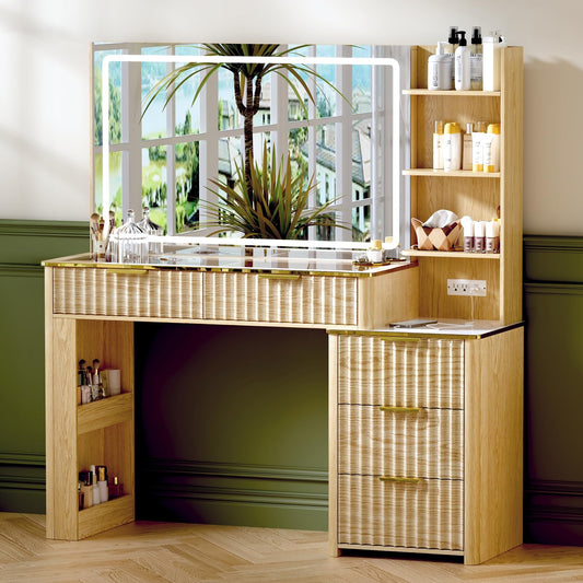 Vanity Desk with Mirror & Lights, Oak