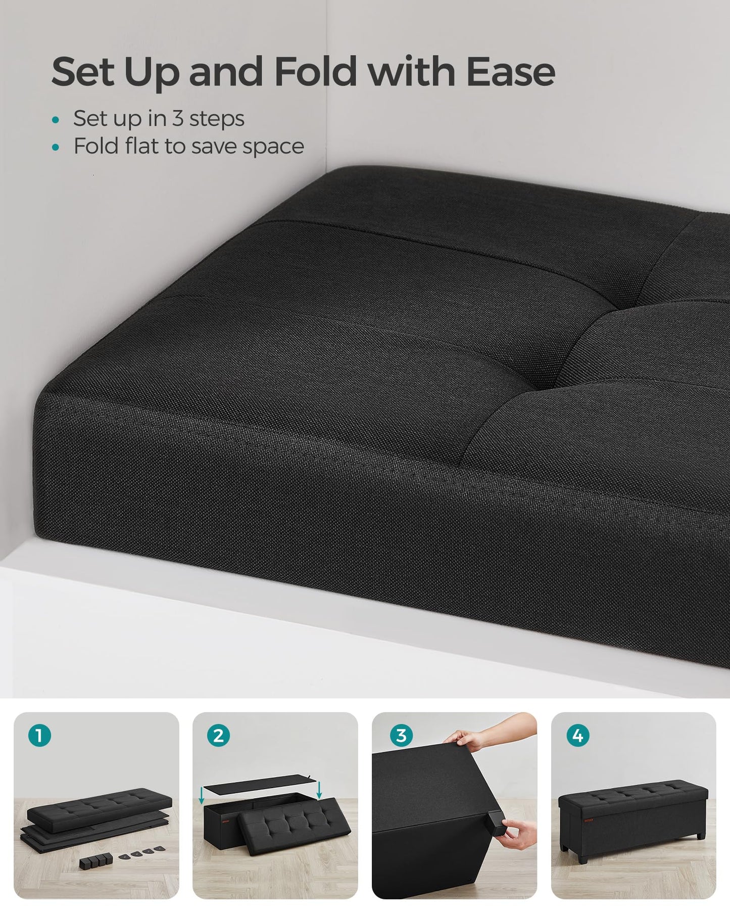 SONGMICS Foldable Storage Ottoman Bench, 15"x43"x15.7"