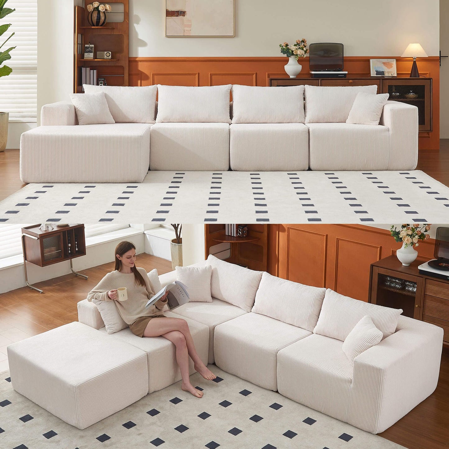 108" L-Shaped Sofa with Ottoman – Beige