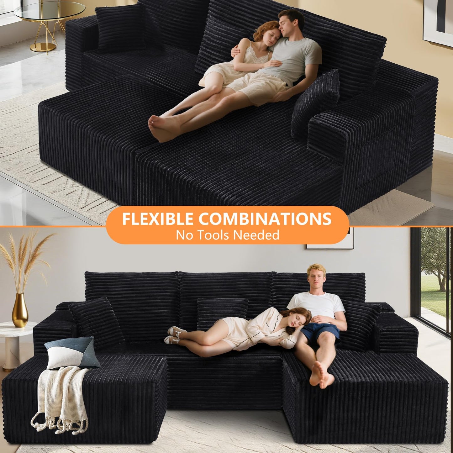 106" L-Shaped Corduroy Sofa – Black