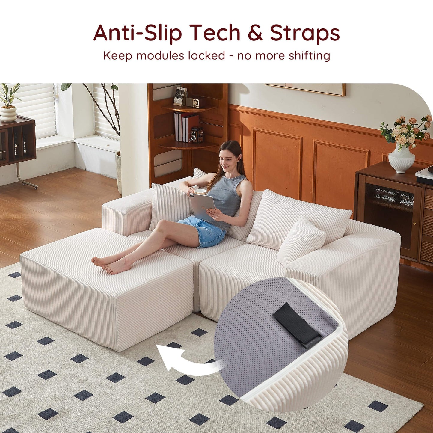 108" L-Shaped Sofa with Ottoman – Beige