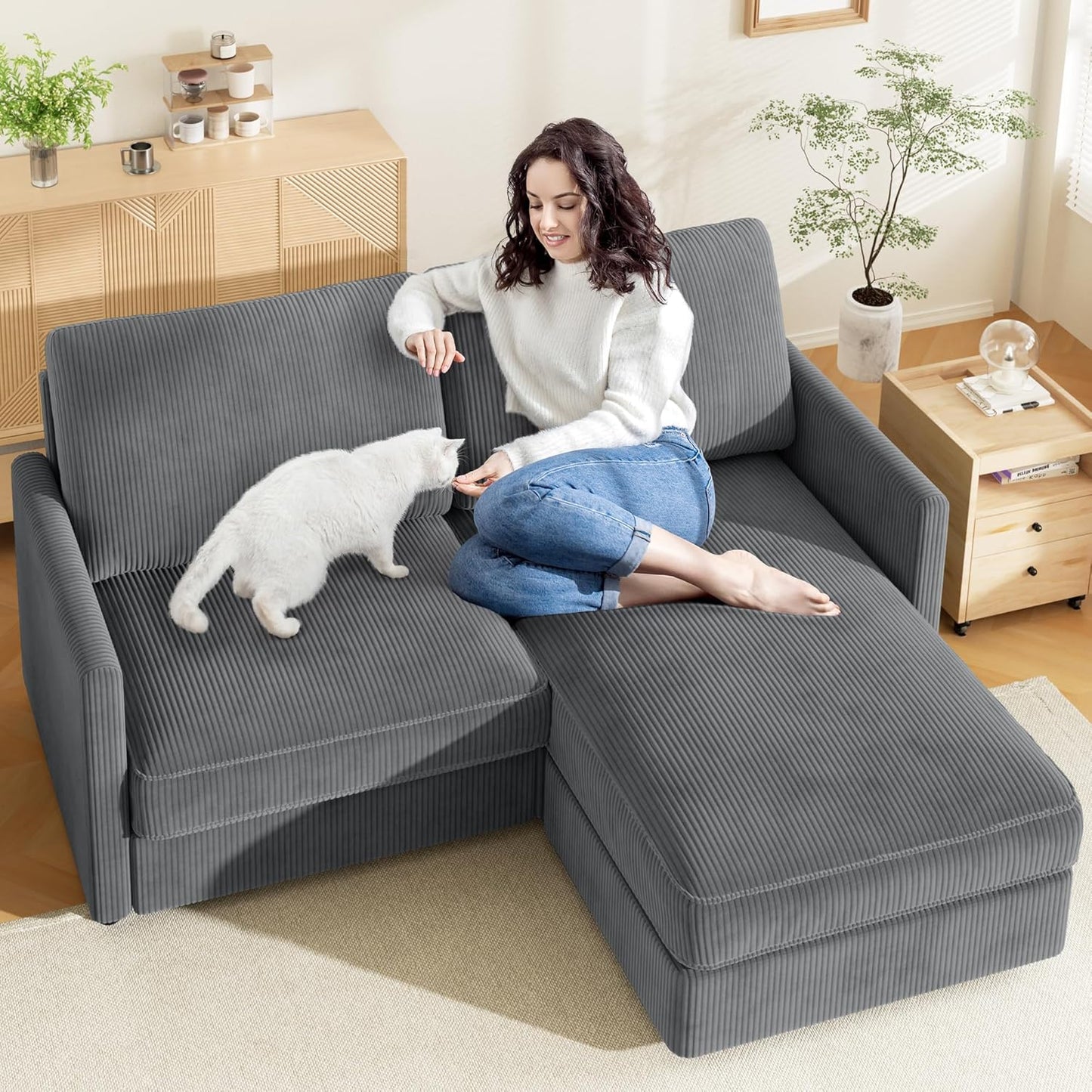 71" L-Shaped Green Corduroy Sofa