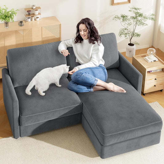 71" L-Shaped Green Corduroy Sofa