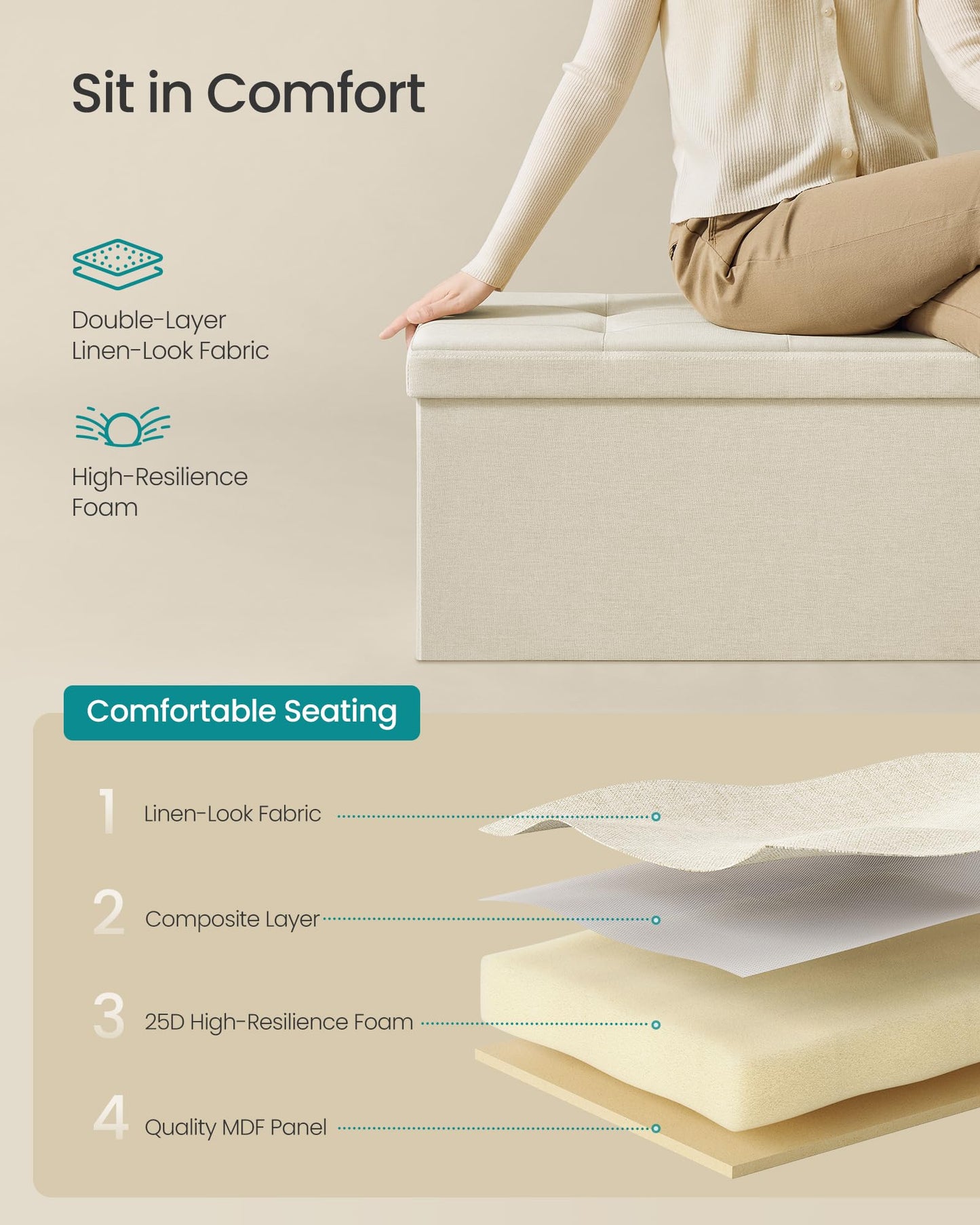 SONGMICS MAZIE 43" Folding Storage Ottoman Bench