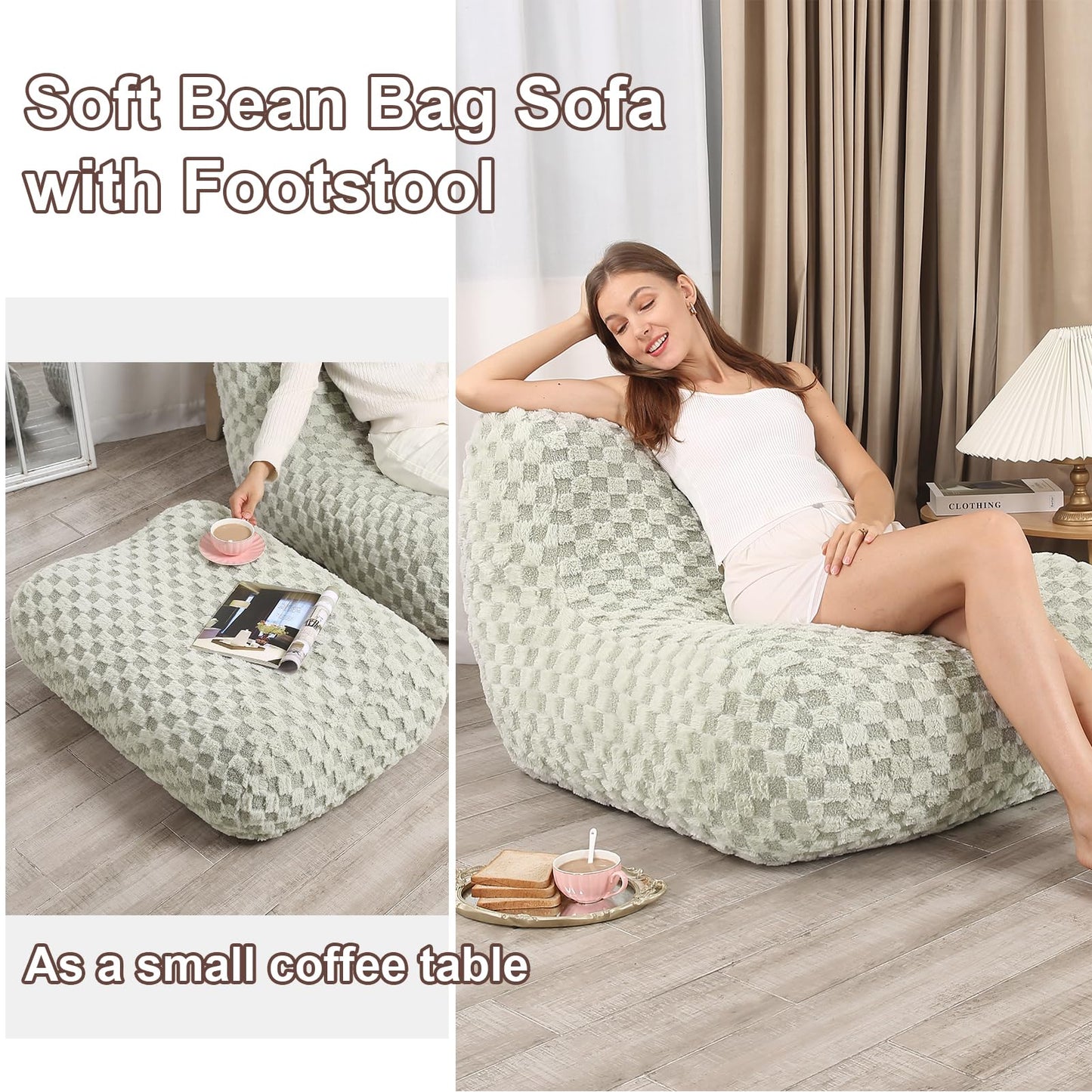 Cream Bean Bag Chair with Footstool