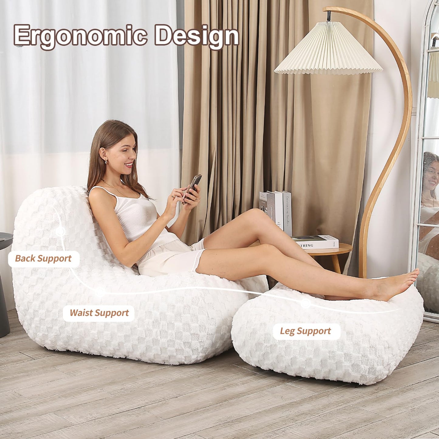 Cream Bean Bag Chair with Footstool