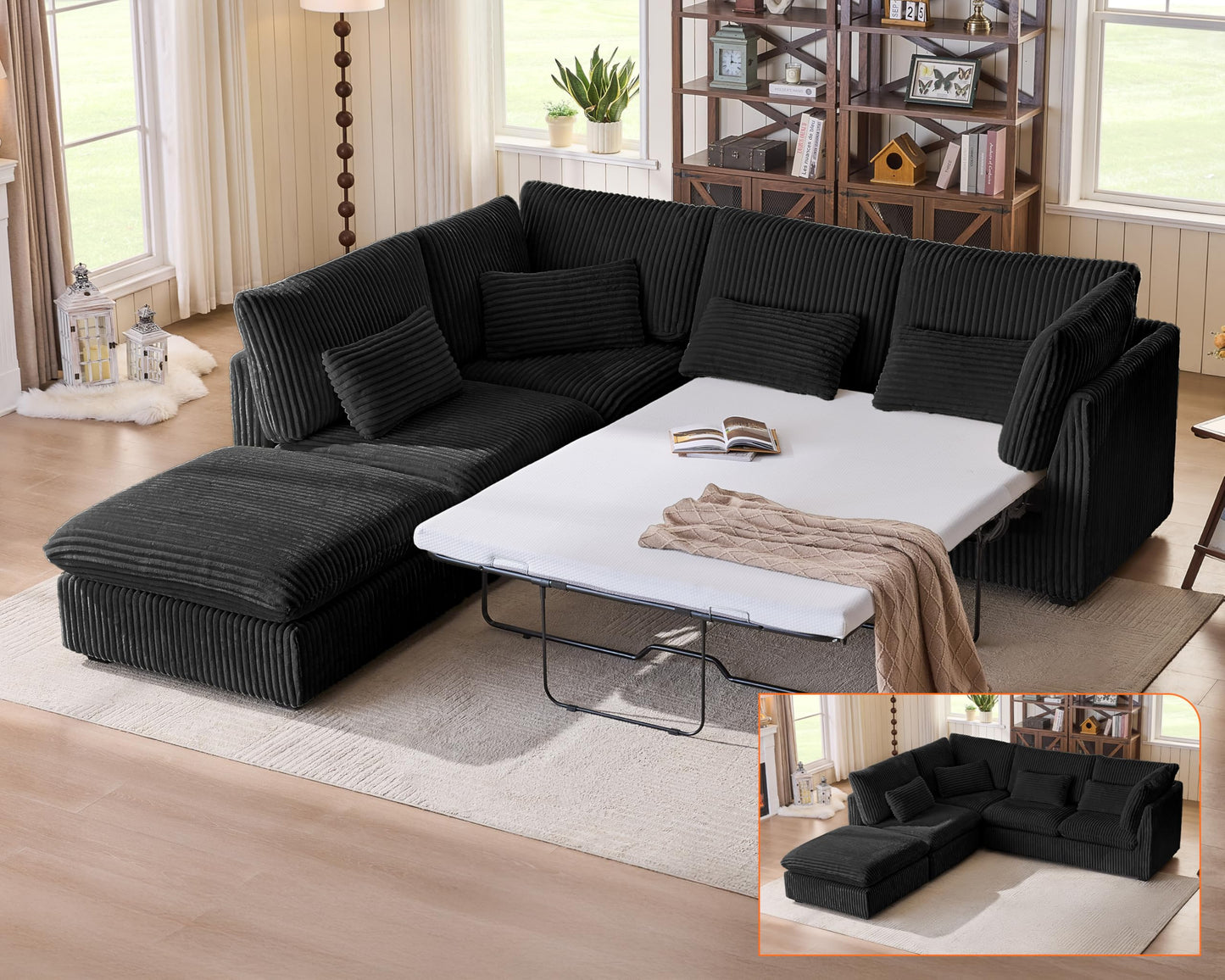 L-Shaped Sofa Bed with Ottoman – Beige