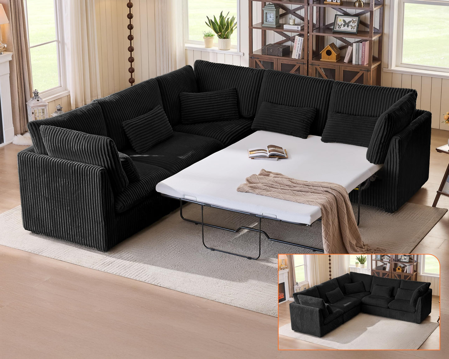 L-Shaped Sofa Bed with Ottoman – Beige