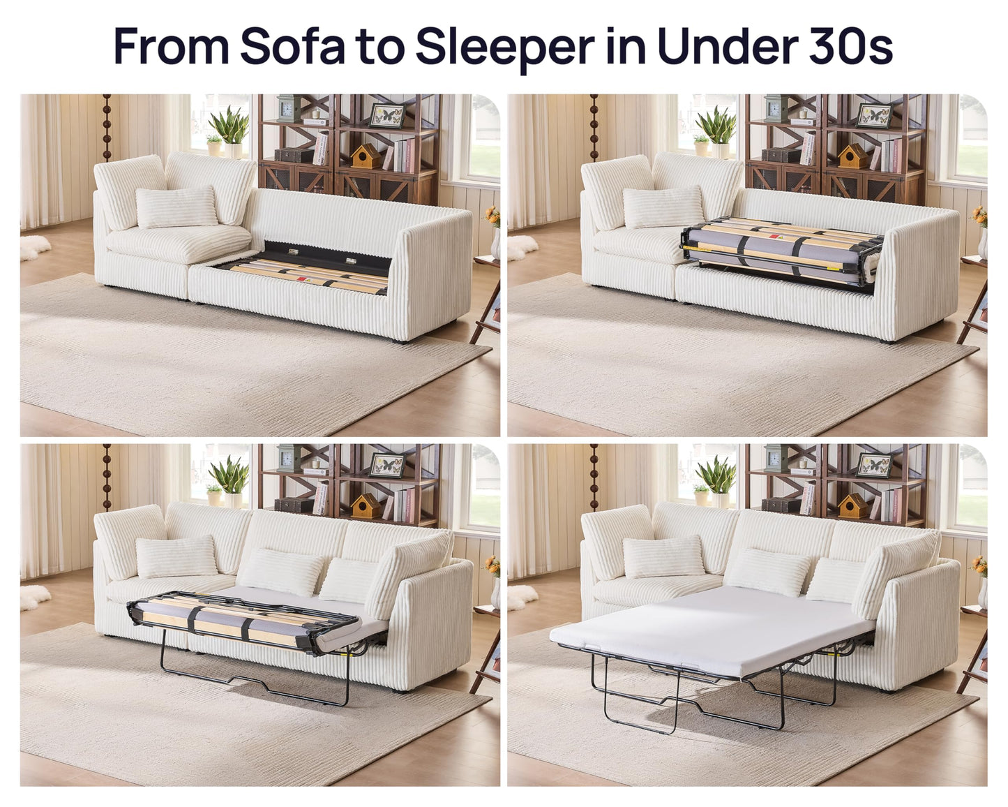 L-Shaped Sofa Bed with Ottoman – Beige