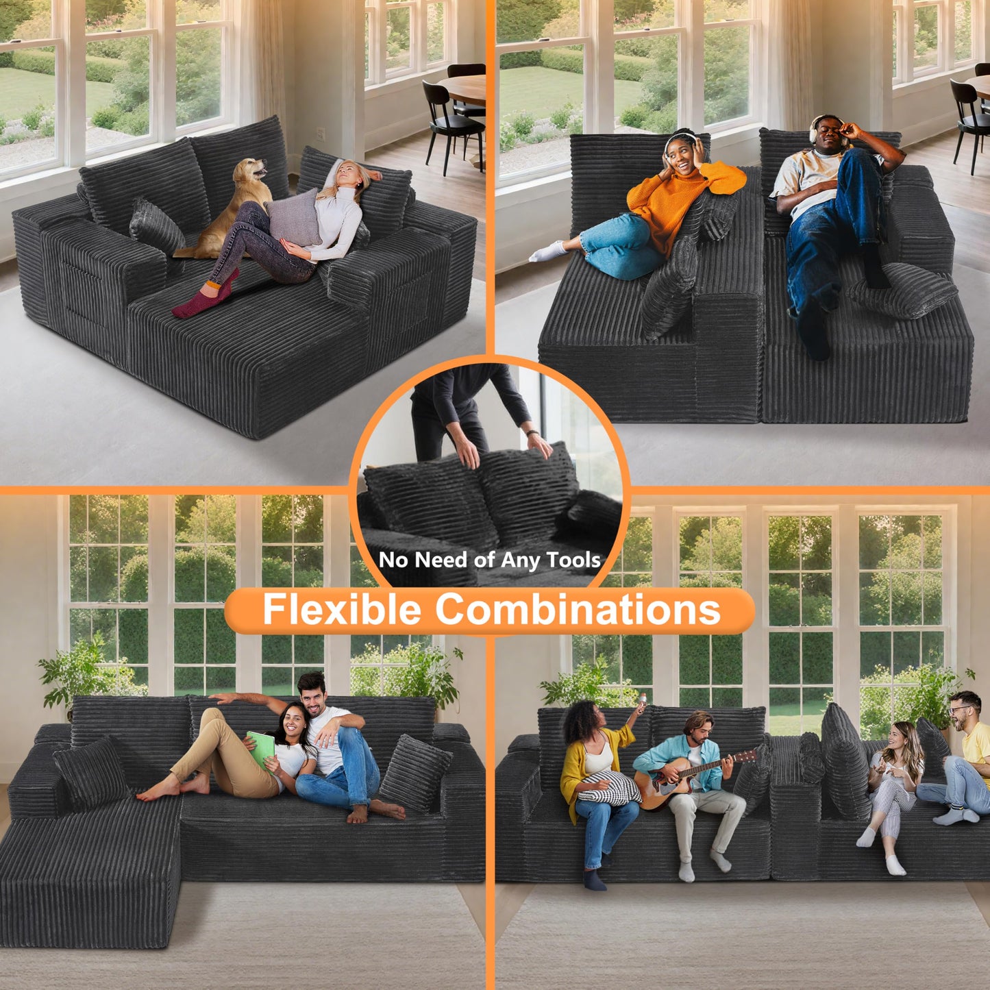 106" L-Shaped Corduroy Sofa – Black