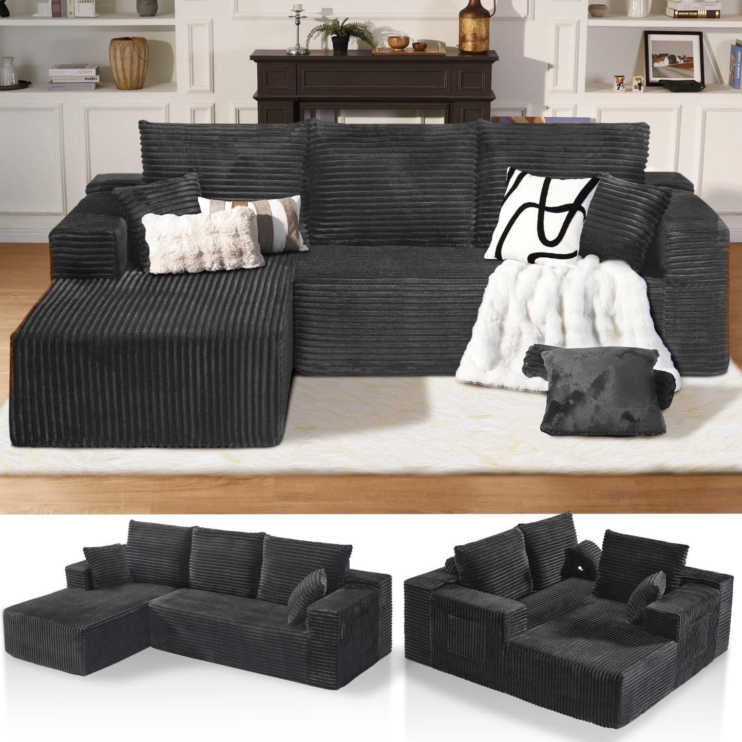 106" L-Shaped Corduroy Sofa – Black