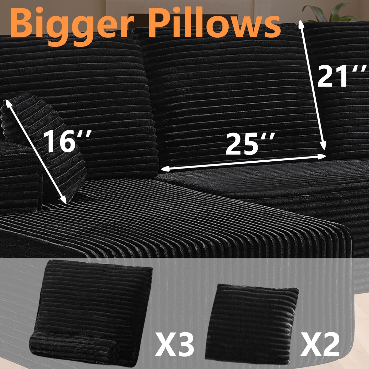 106" L-Shaped Corduroy Sofa – Black