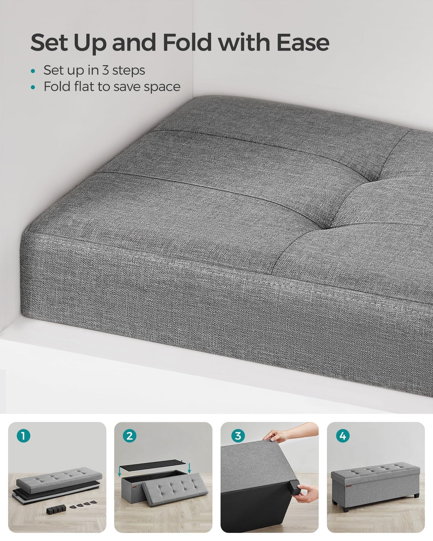 SONGMICS Foldable Storage Ottoman Bench, 15"x43"x15.7"