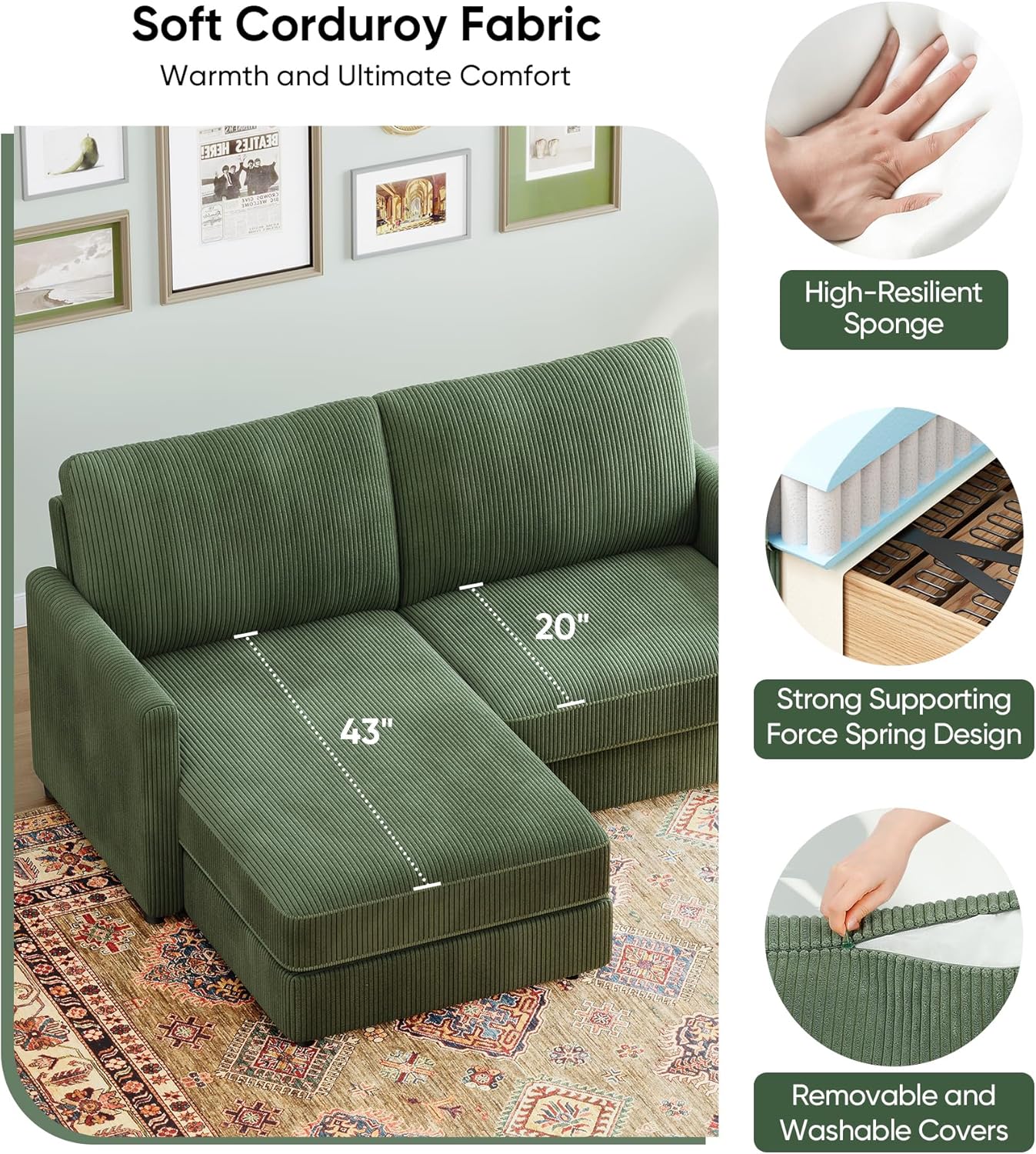 71" L-Shaped Green Corduroy Sofa