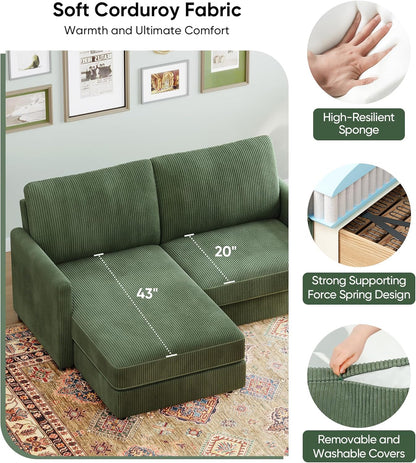 71" L-Shaped Green Corduroy Sofa
