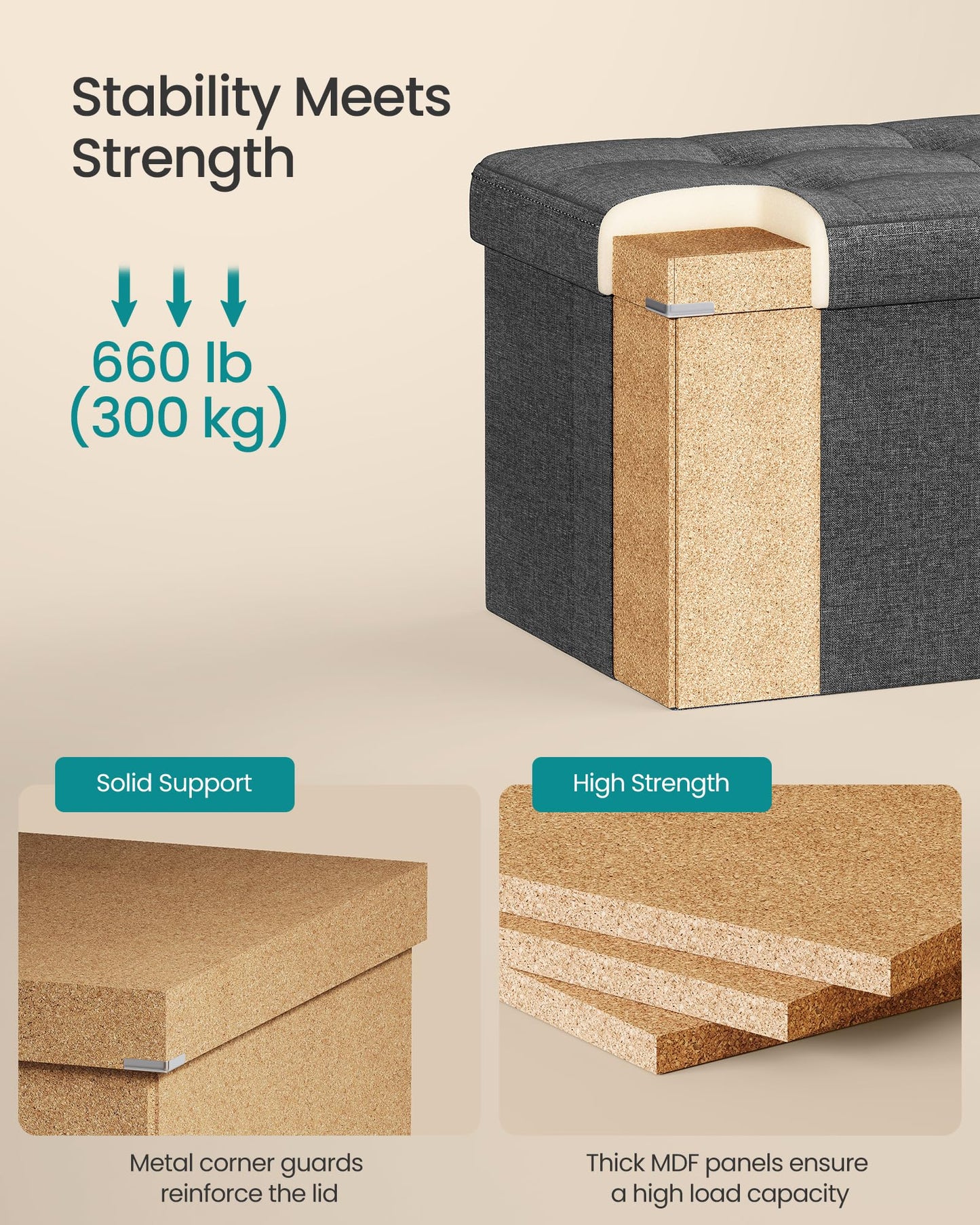 SONGMICS MAZIE 43" Folding Storage Ottoman Bench