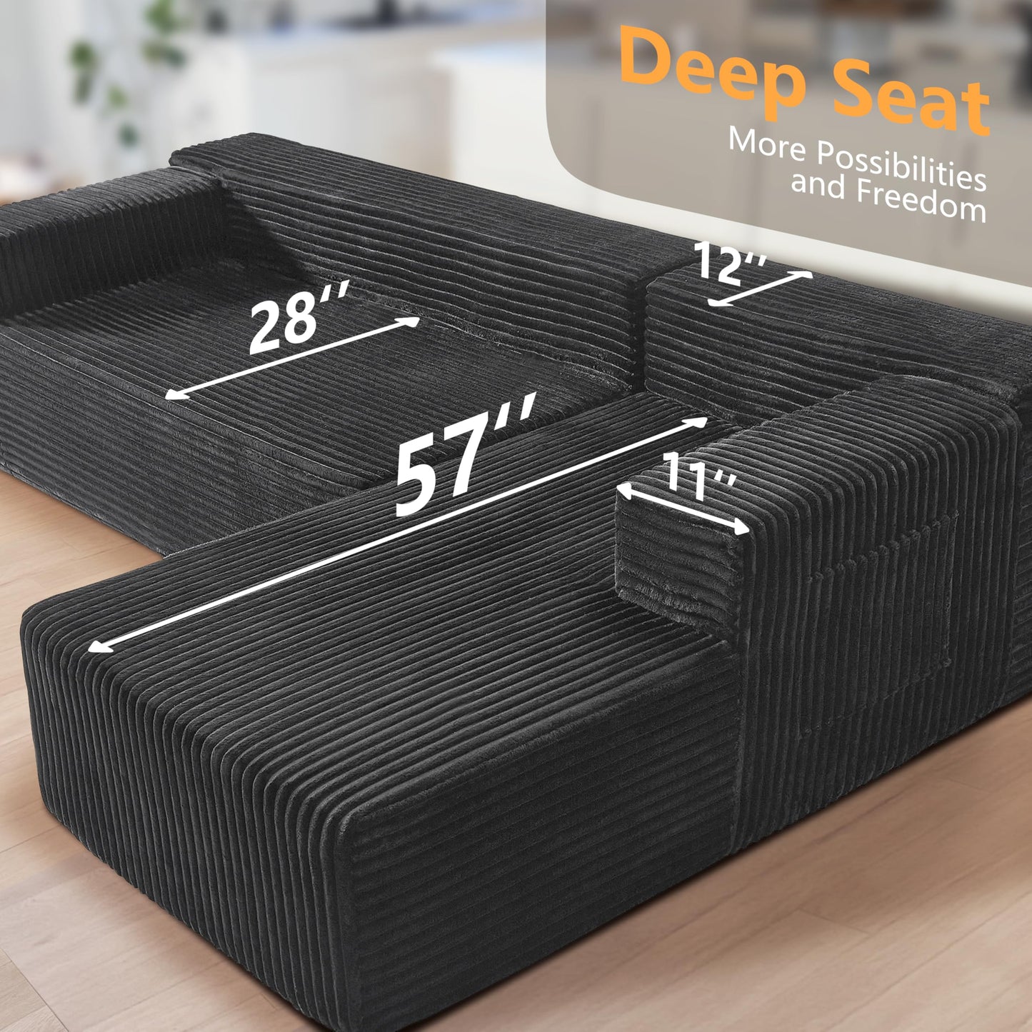 106" L-Shaped Corduroy Sofa – Black