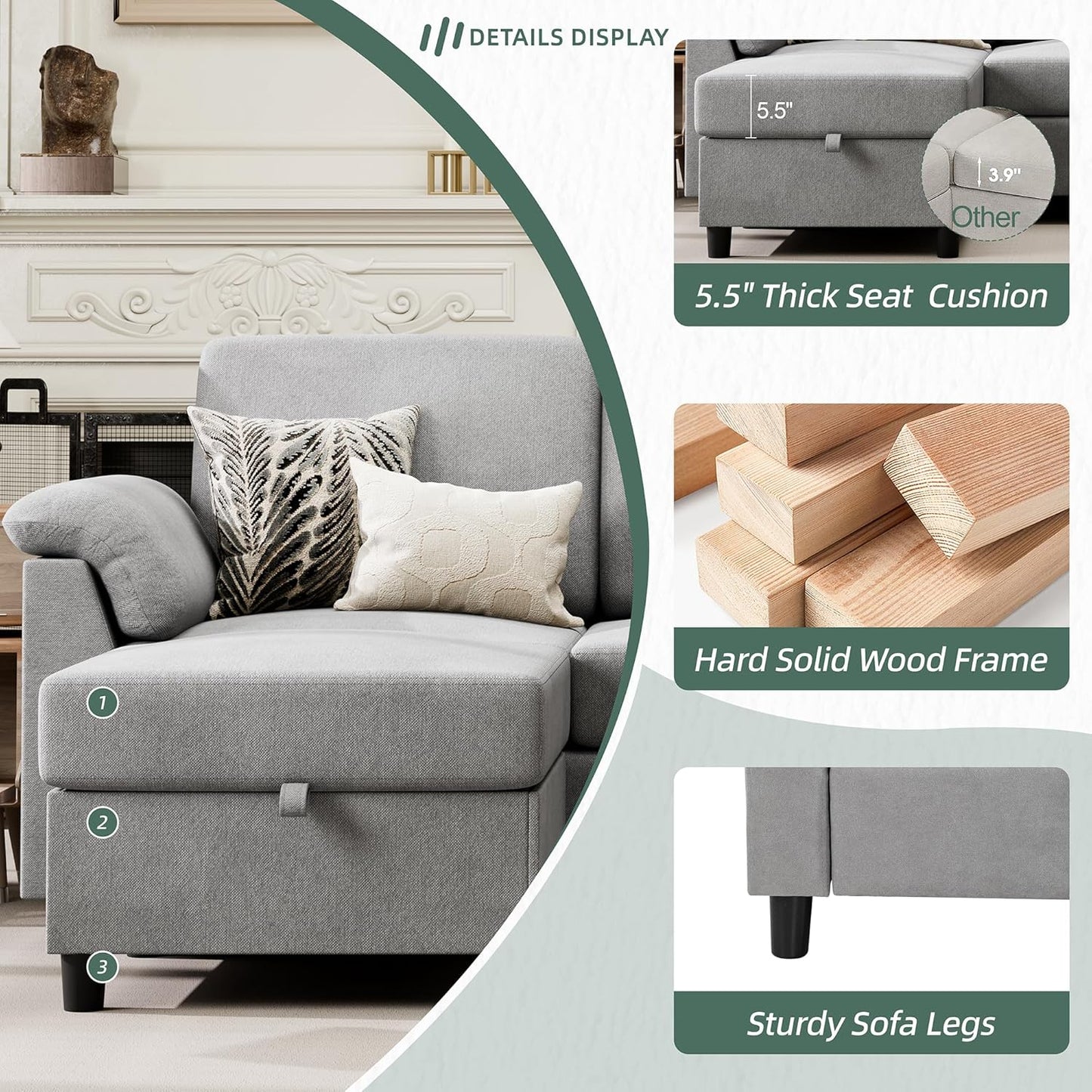 Vongrasig 79" L-Shaped Sofa, Grey