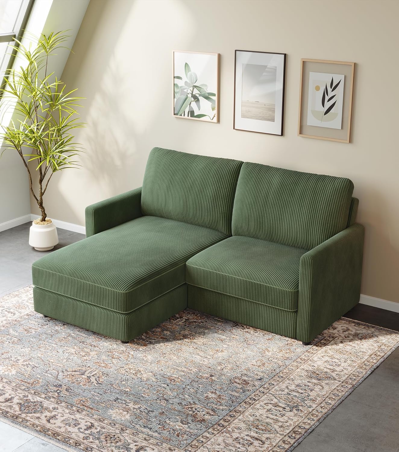 71" L-Shaped Green Corduroy Sofa