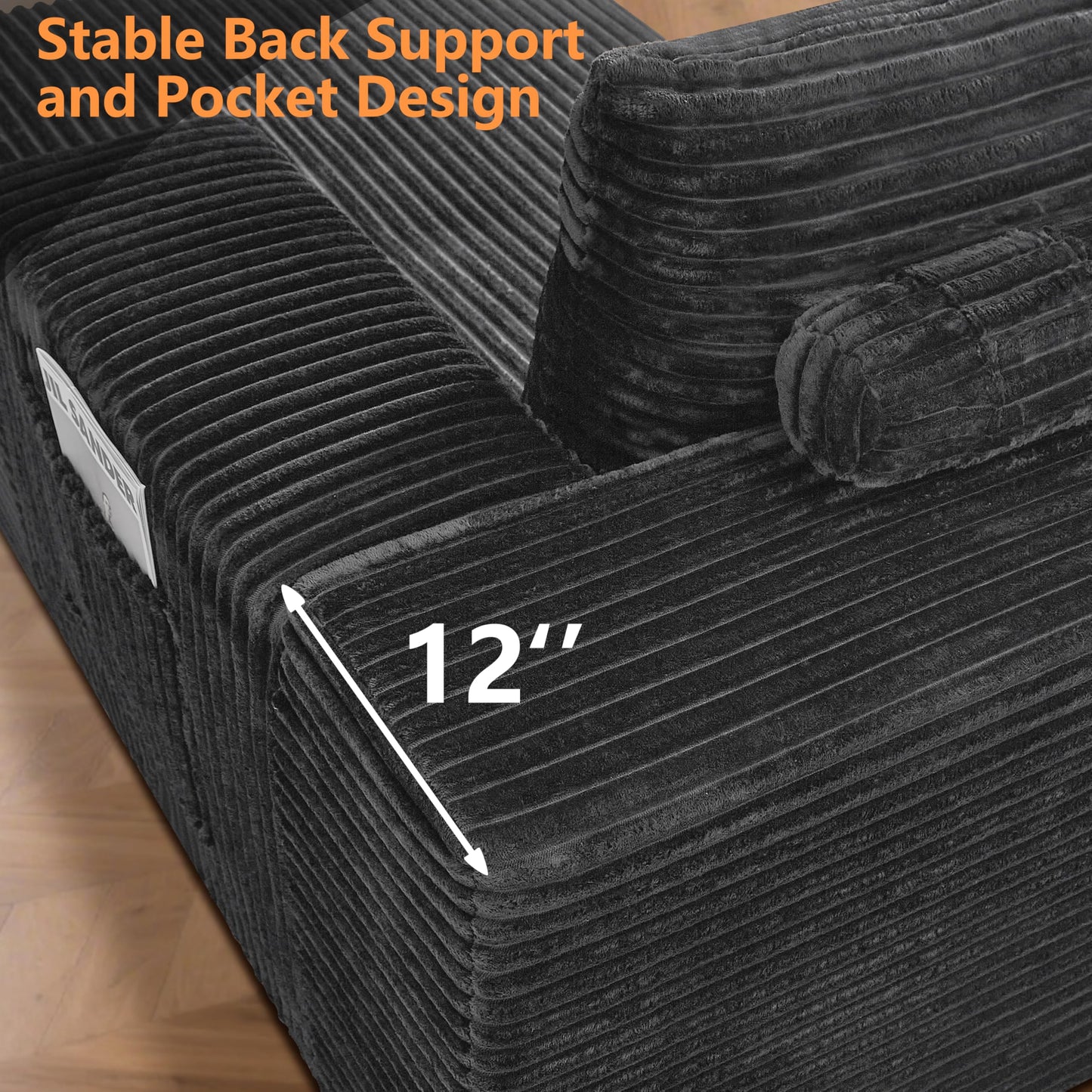 106" L-Shaped Corduroy Sofa – Black