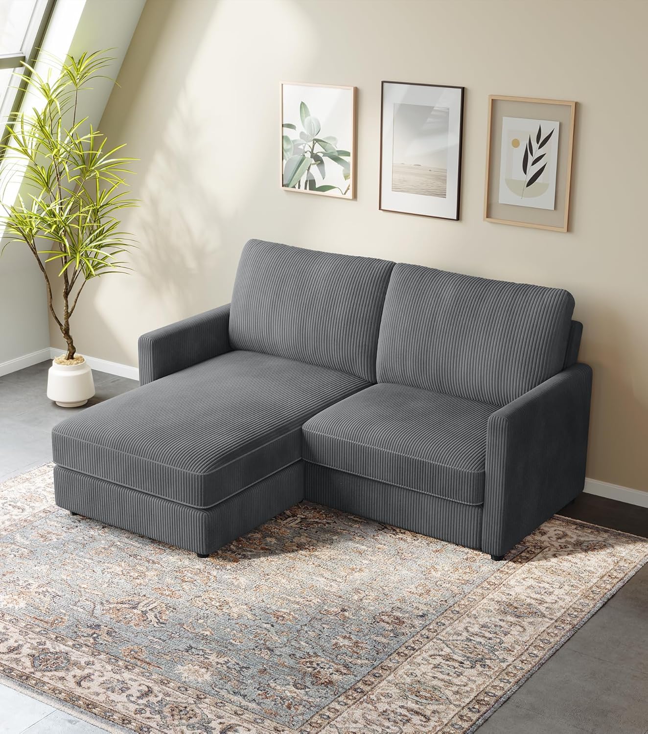 71" L-Shaped Green Corduroy Sofa