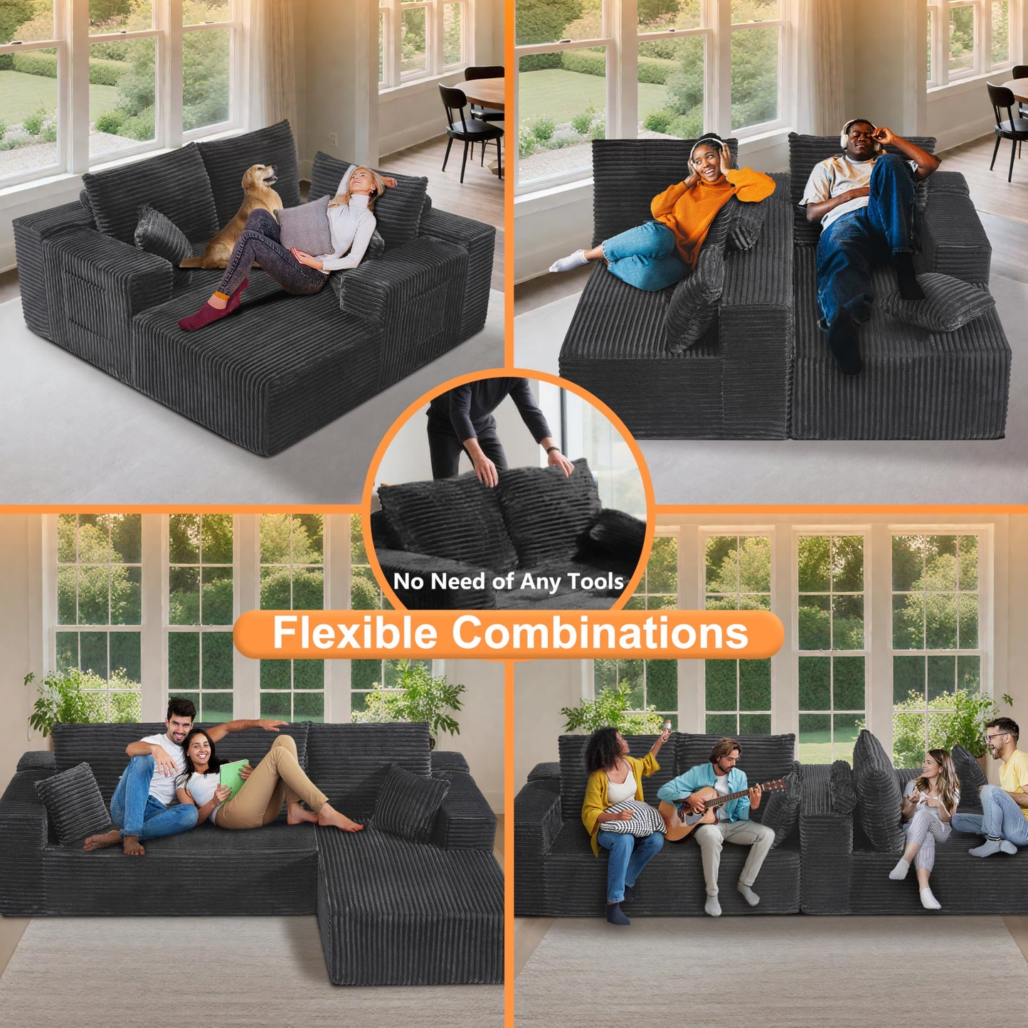 106" L-Shaped Corduroy Sofa – Black