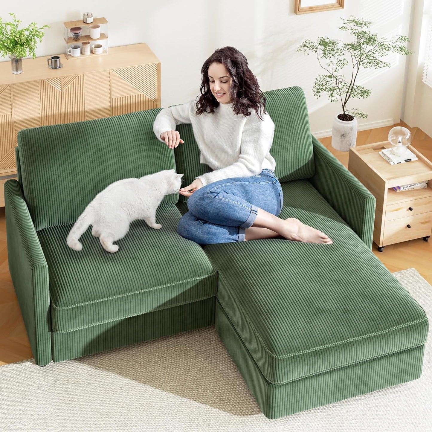 71" L-Shaped Green Corduroy Sofa