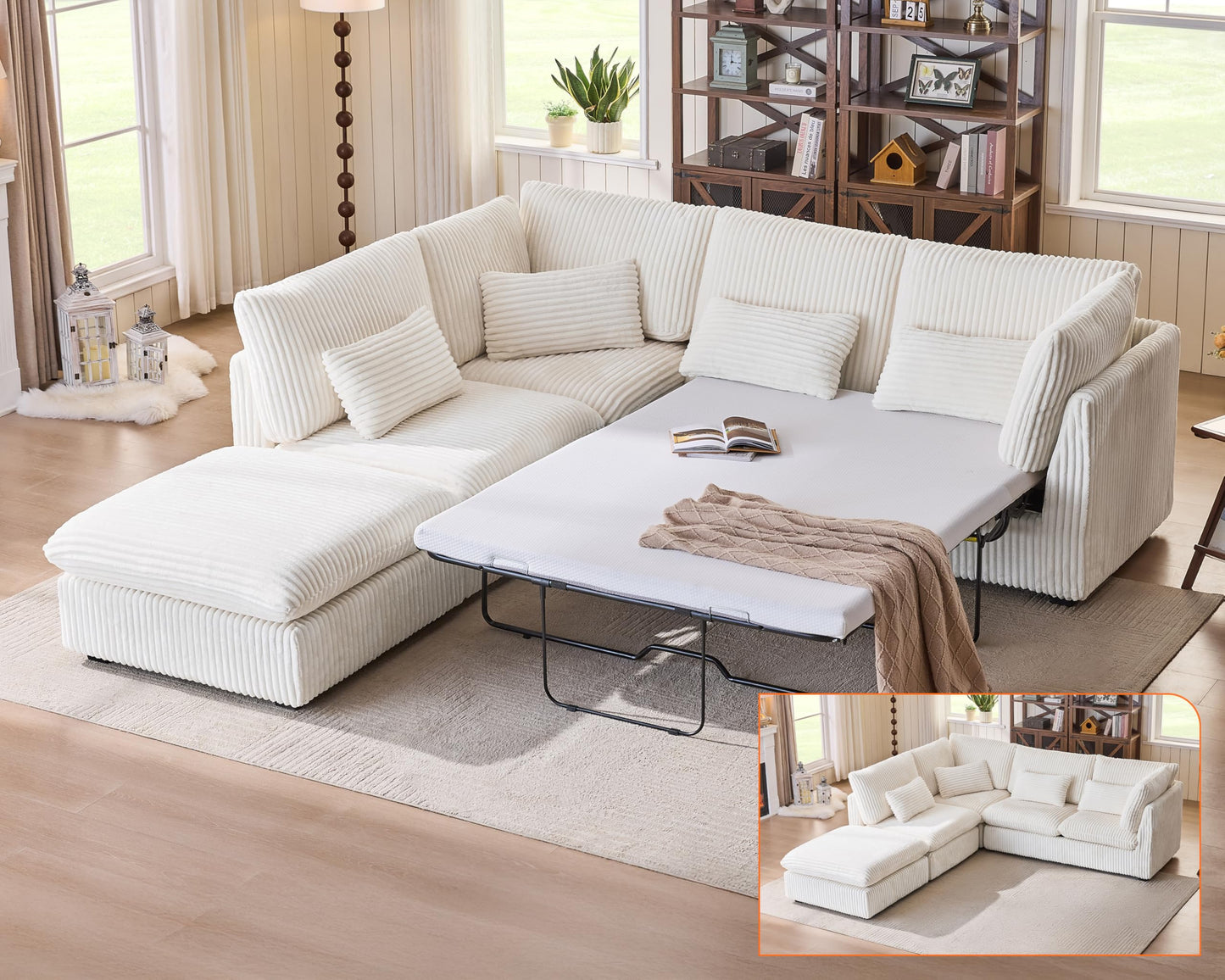 L-Shaped Sofa Bed with Ottoman – Beige